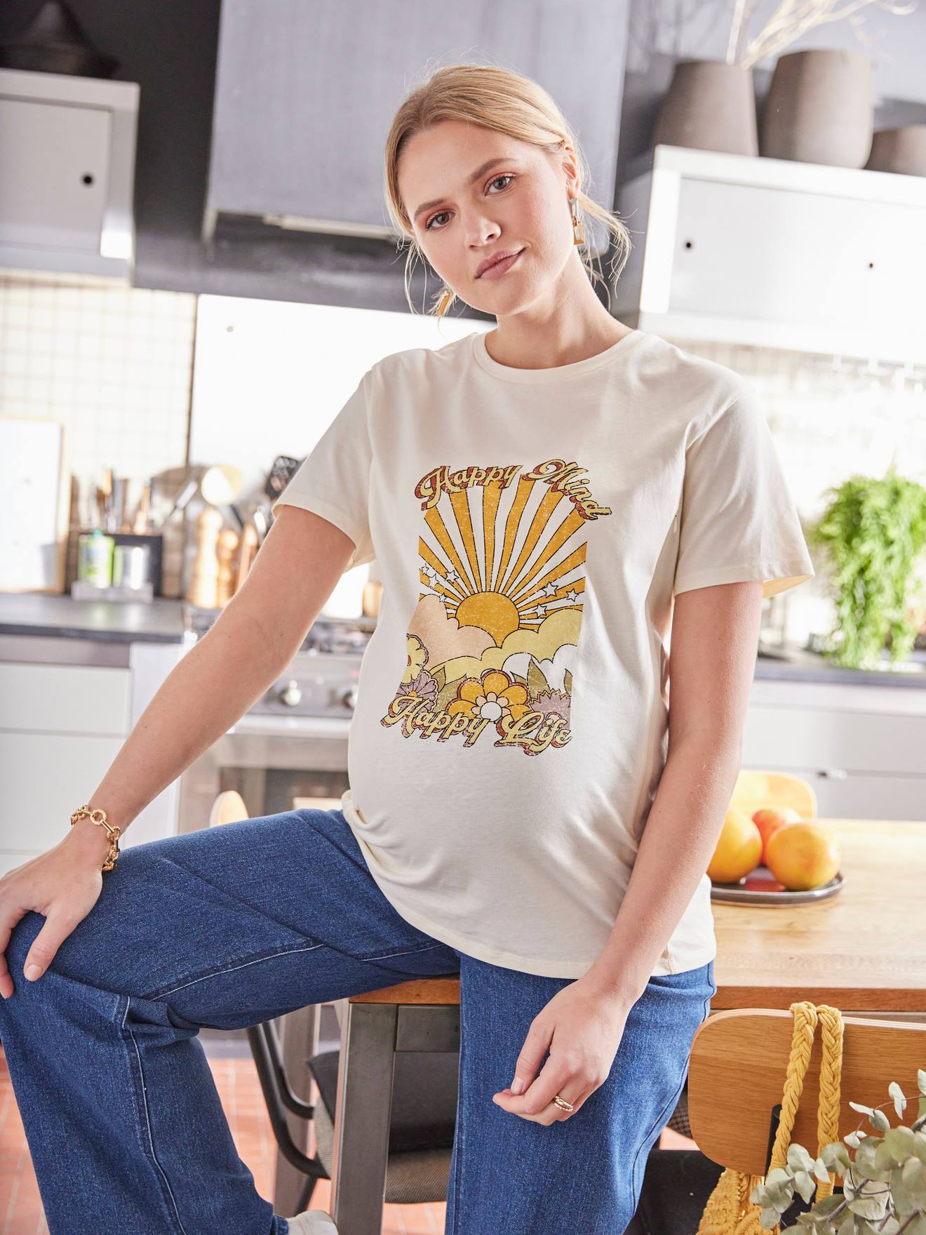 T-shirt motif Happy Mind grossesse et allaitement écru
