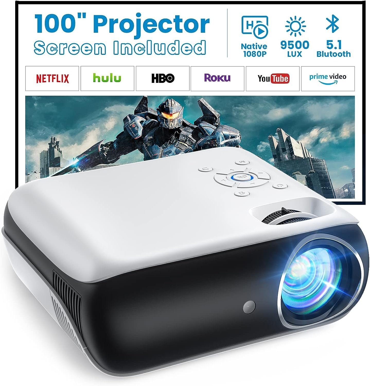 TOPVISION Native 1080P Bluetooth 5.1 Heimkino Multimedia Portabler Projektor (9500 lm, 10000: 1, 1920 * 1080, px, Mit 100'' Bildschirm, Kompatibel mit HDMI USB AV,Smartphones,Laptops)