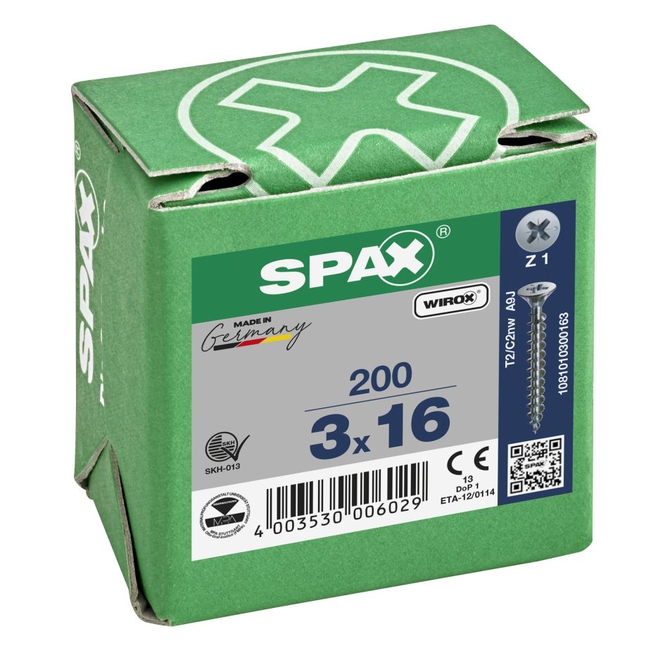 SPAX 1081010300163 Șurub universal 3 x 16 mm, Filet complet, Cap înecat, Cap Phillips Z1 - 200 bucăți