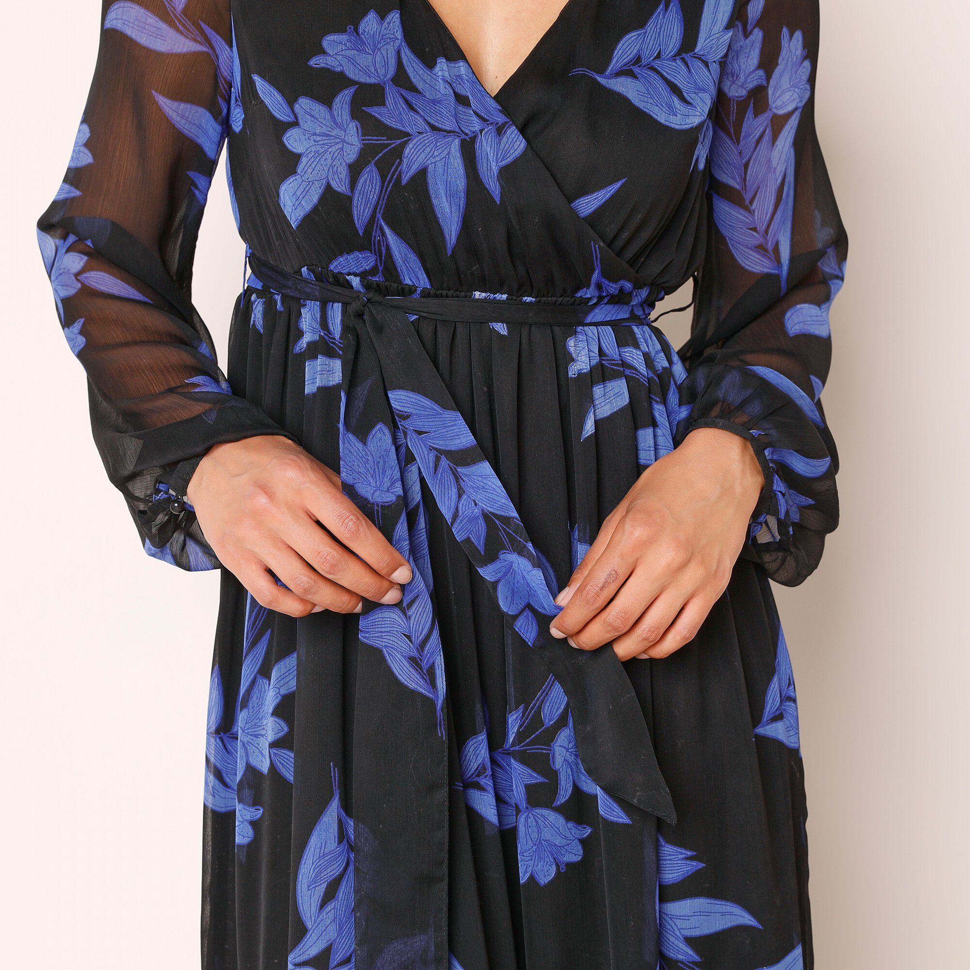 Robe longue volant, voile imprimé