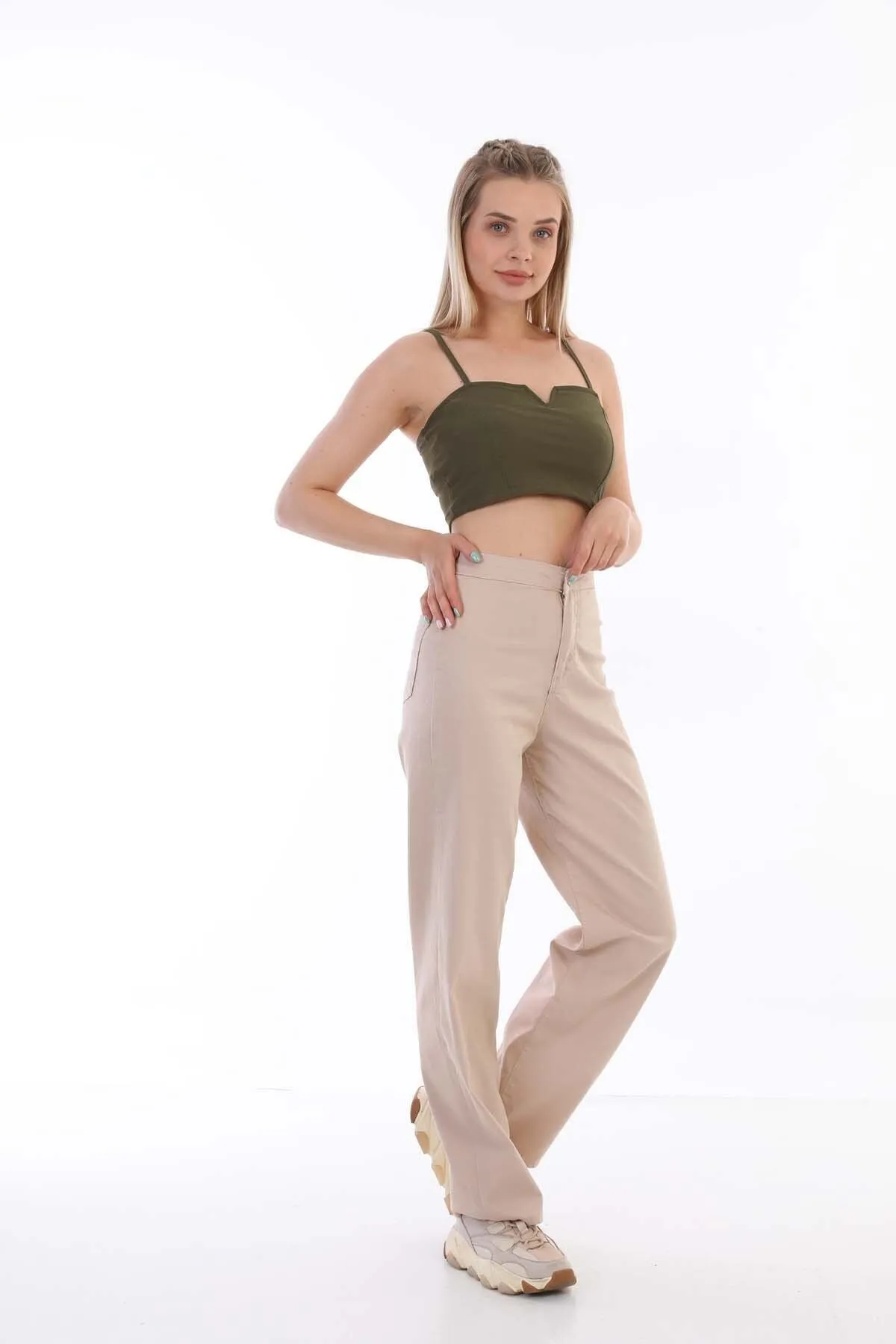 BİKELİFE  Beigefarbene Lycra-Palazzo-Hose mit hoher Taille für Damen