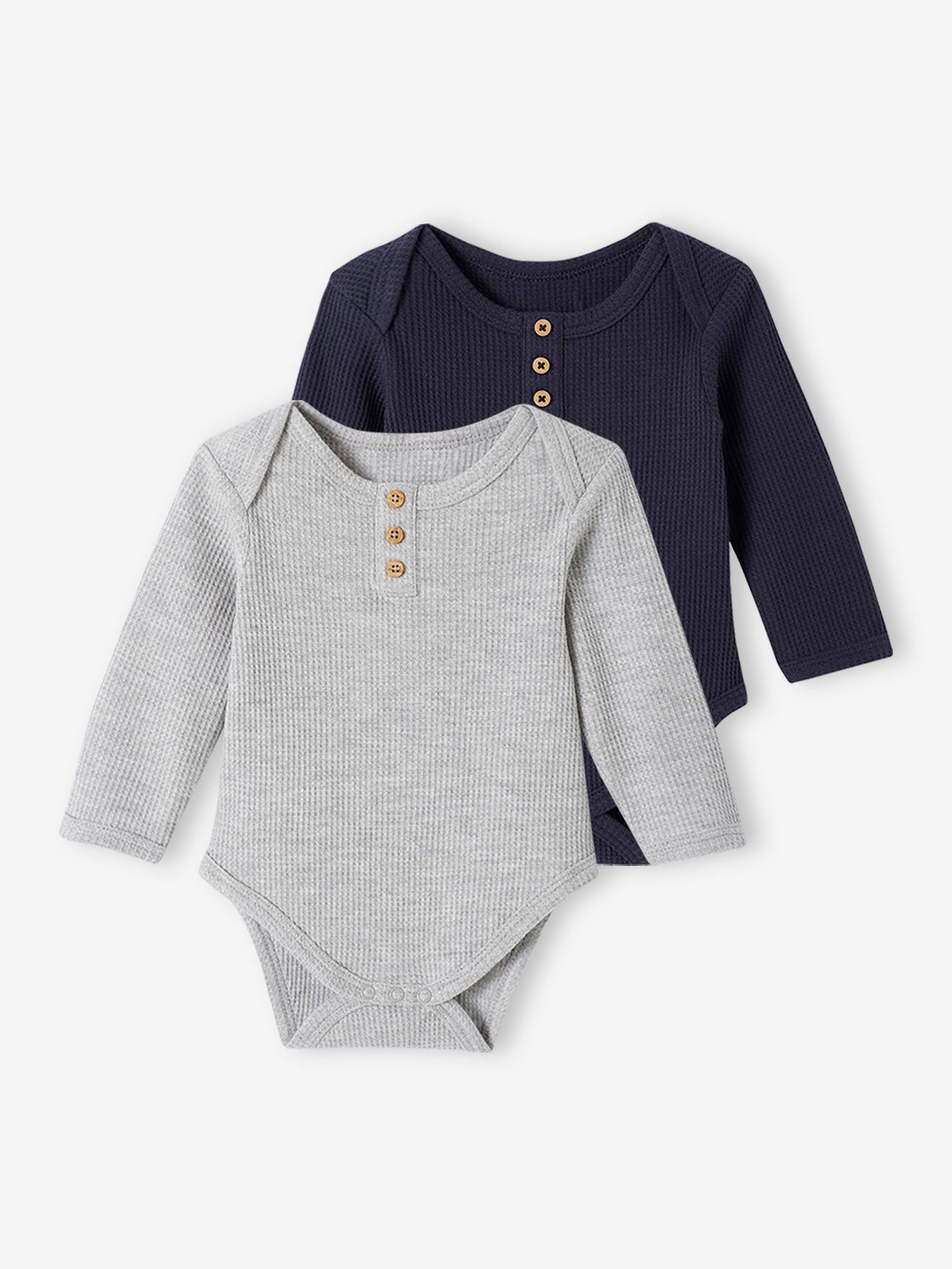 Vertbaudet 2er-Pack Baby Langarm-Bodys, Waffelpikee Oeko-Tex - pack nachtblau
