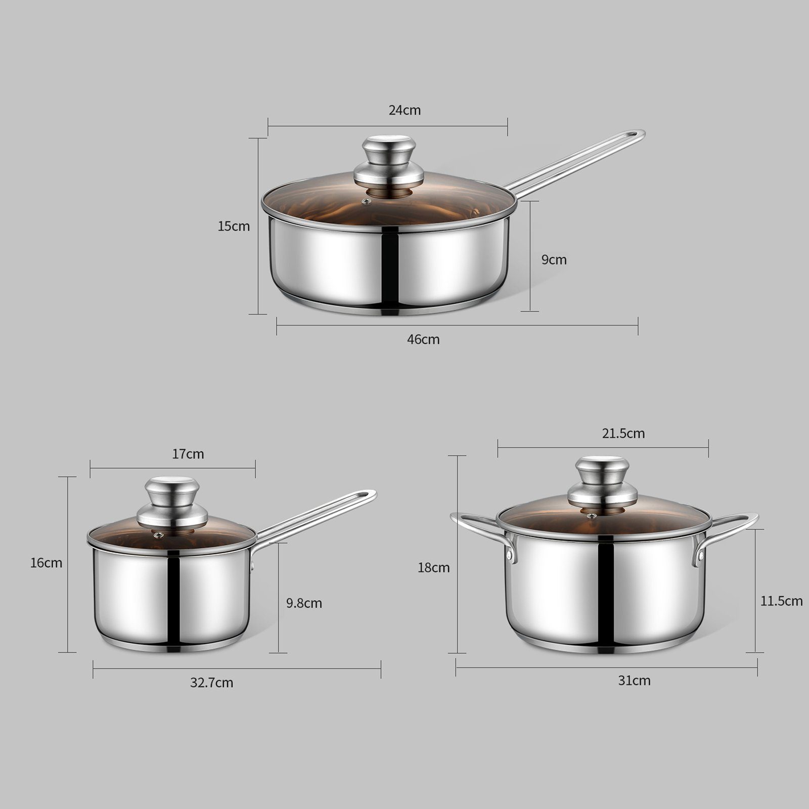 IBETTER Topf-Set Topfset aus Edelstahl, Kochtopf-Set mit Glasdeckel, Edelstahl (6-tlg), inkl. 3 Glasdeckel, Induktion