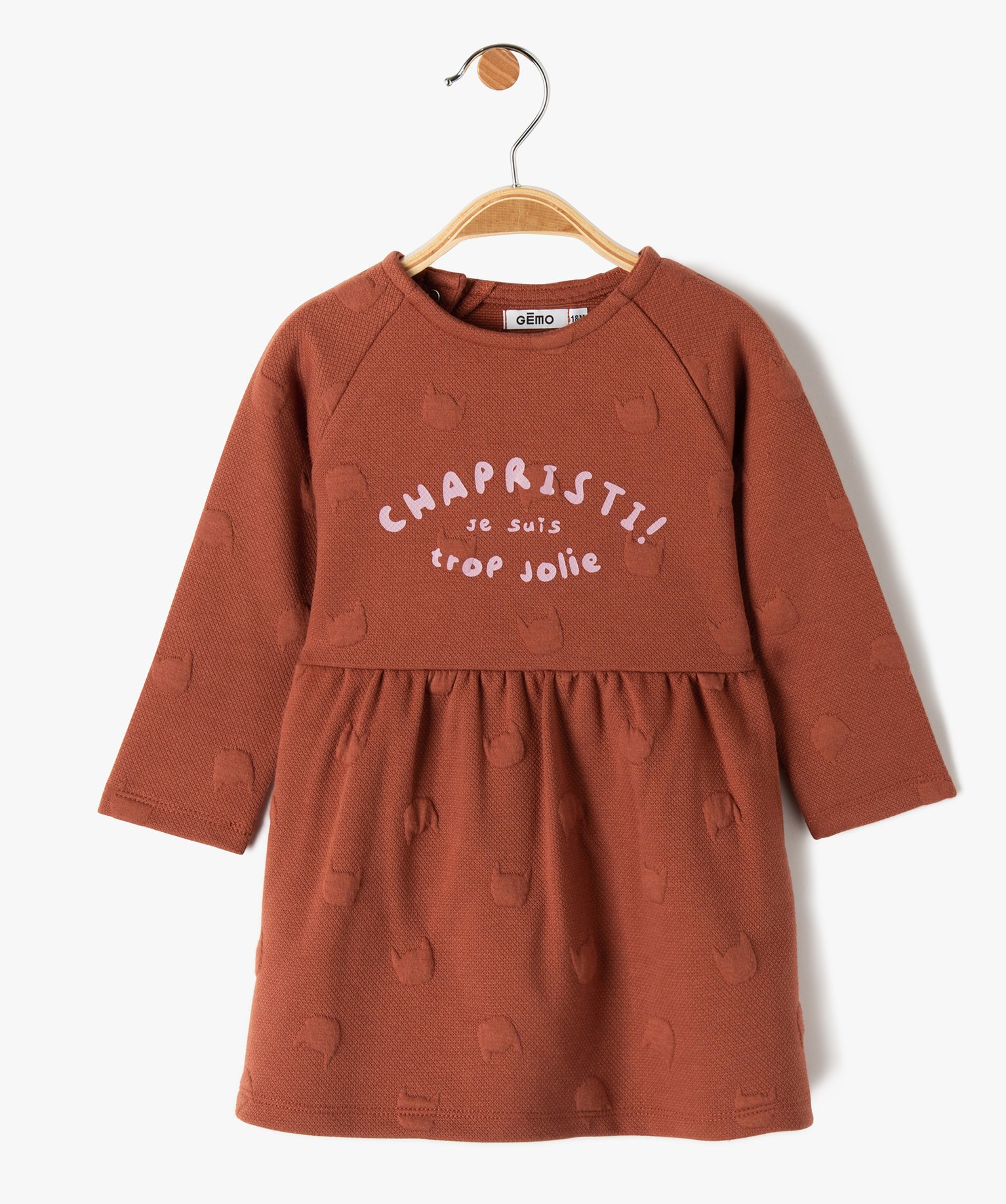 Robe bébé fille en maille à motif chat gaufré marron | GEMO