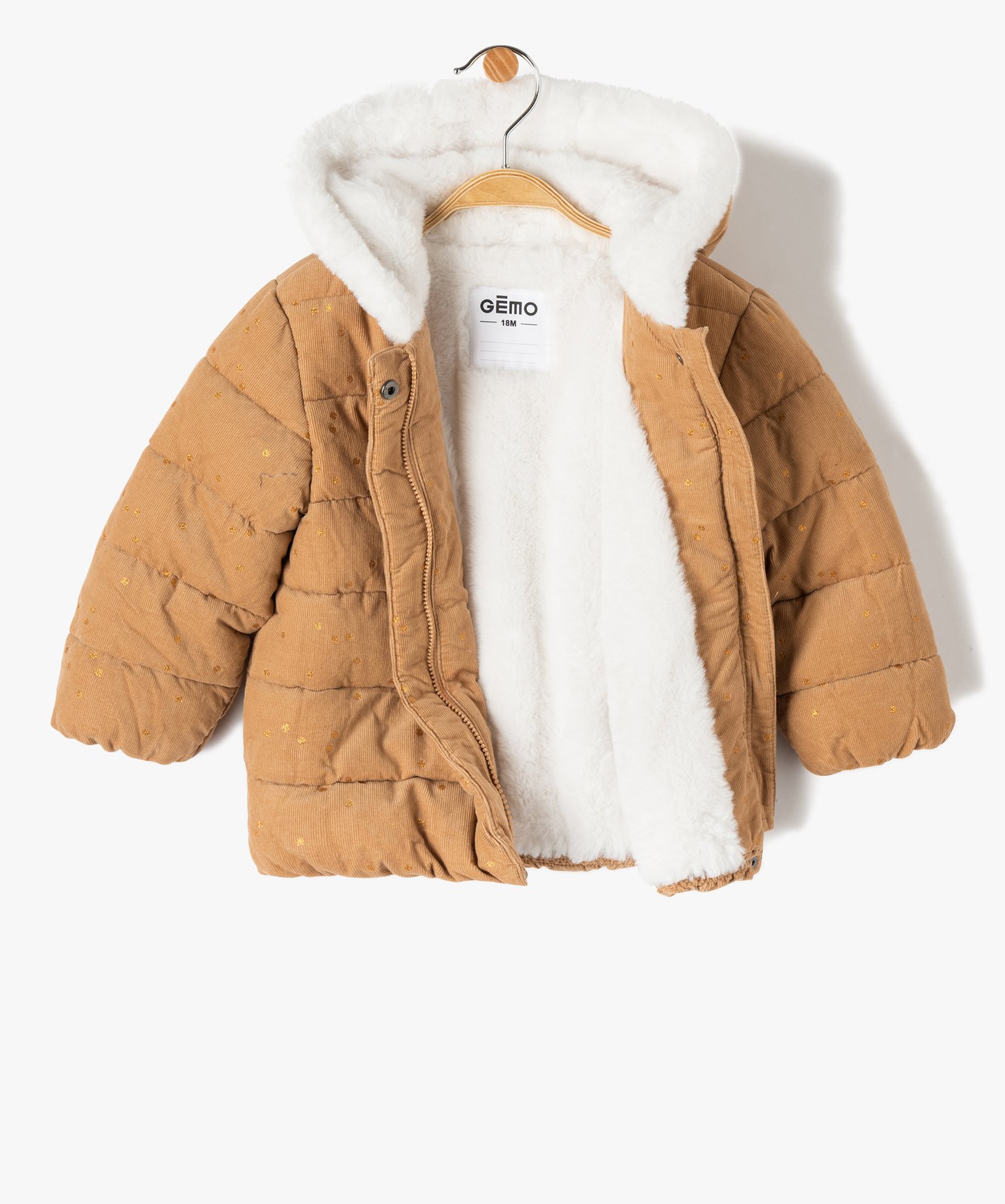 Parka bébé fille en velours ctelé à pois dorés avec écharpe douce