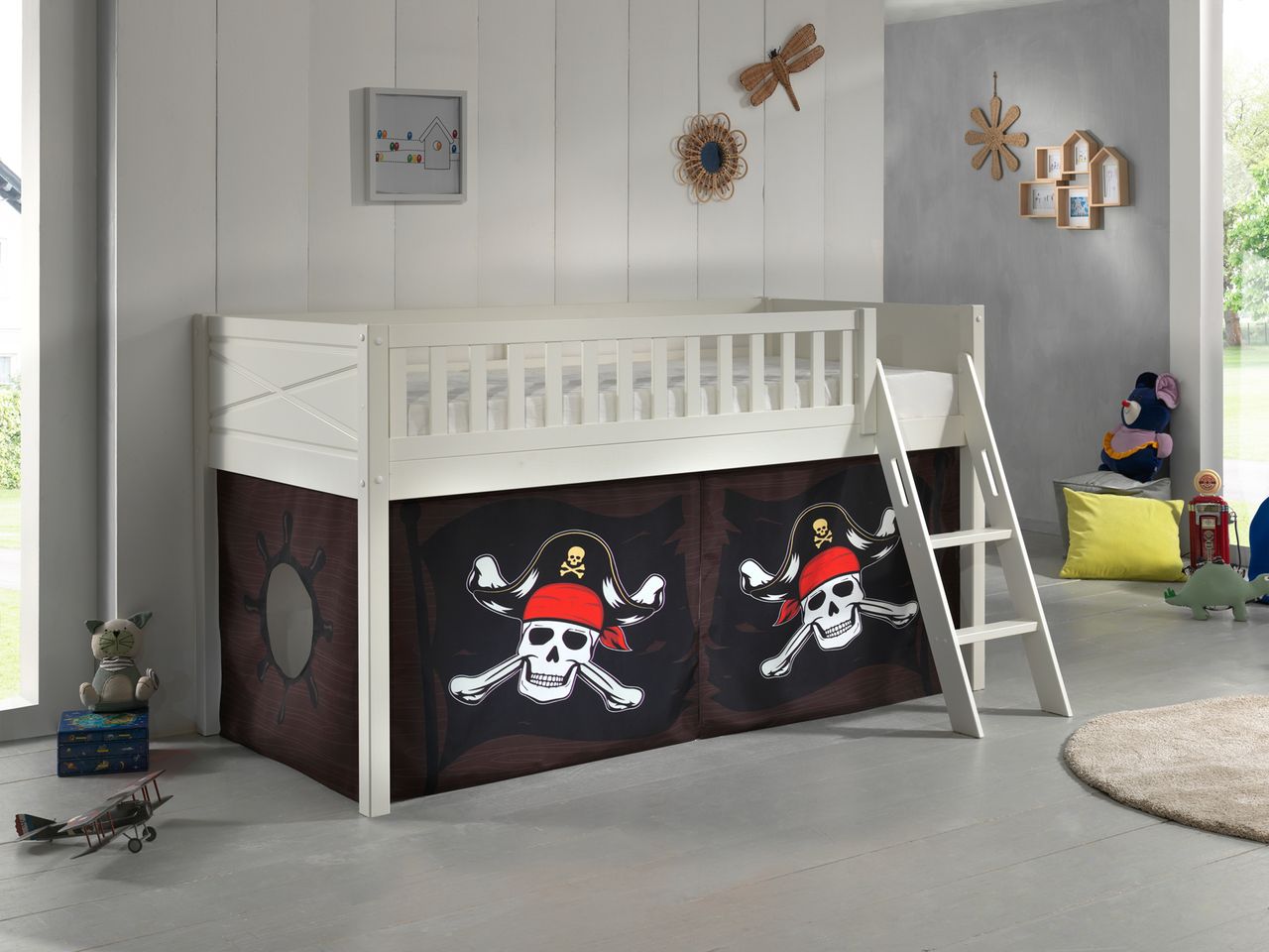VIPACK Spielbett SCOTT, LF 90 x 200 cm, mit Rolllattenrost, Leiter und Textilset 