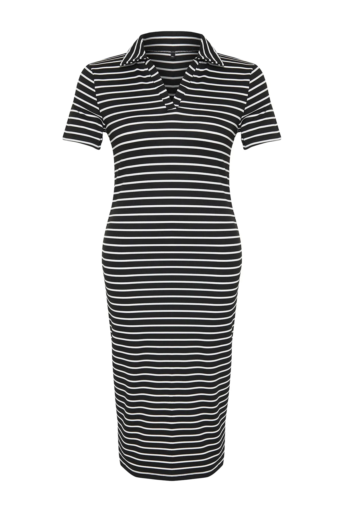Trendyol Curve  Schwarz-weiß gestreiftes Strickkleid mit Polokragen TBBSS24AH00073