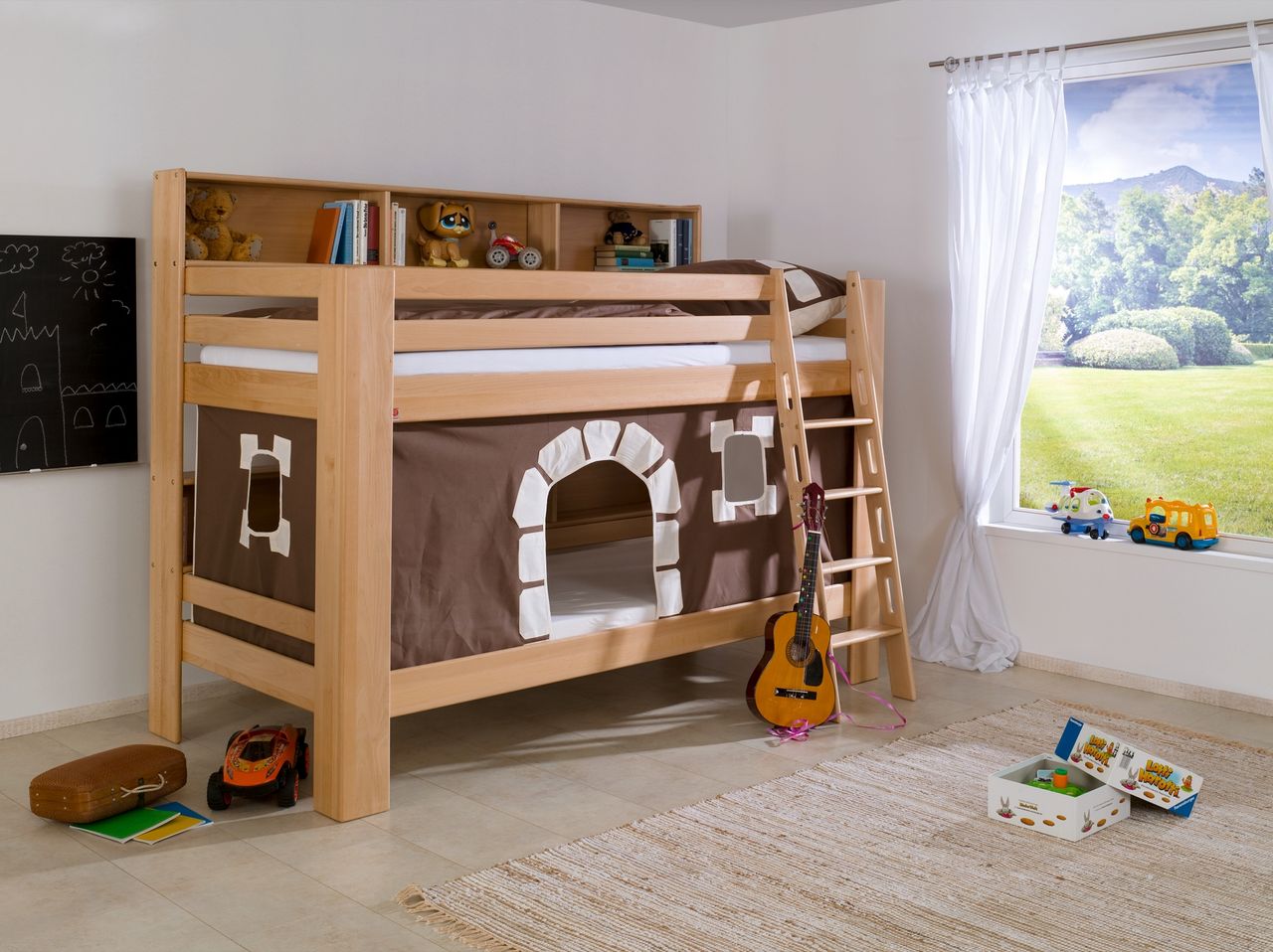 Relita Etagenbett Jan mit Bücherregal und Vorhang Burg