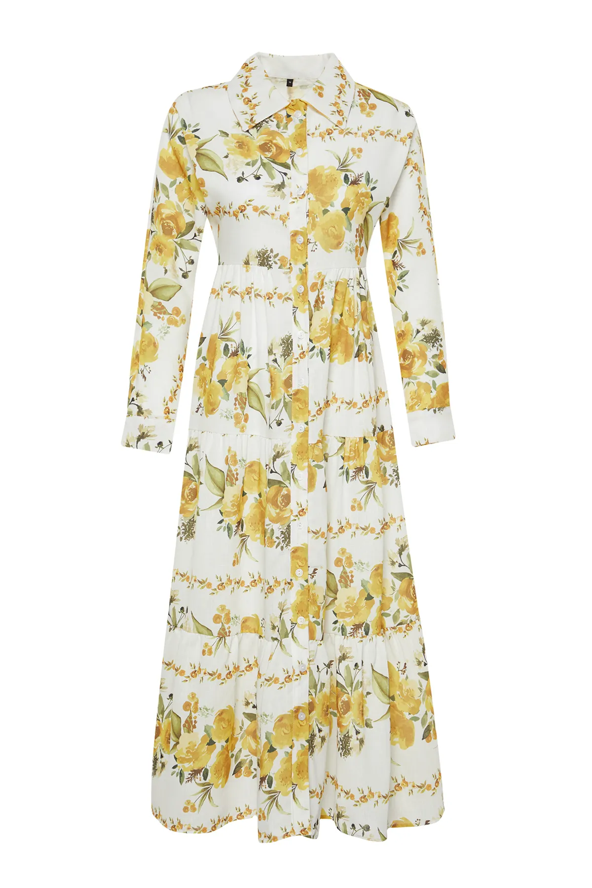 Trendyol Modest  Gelbes, mit Blumenmuster gewebtes Hemdkleid in Leinenoptik TCTSS24EB00104