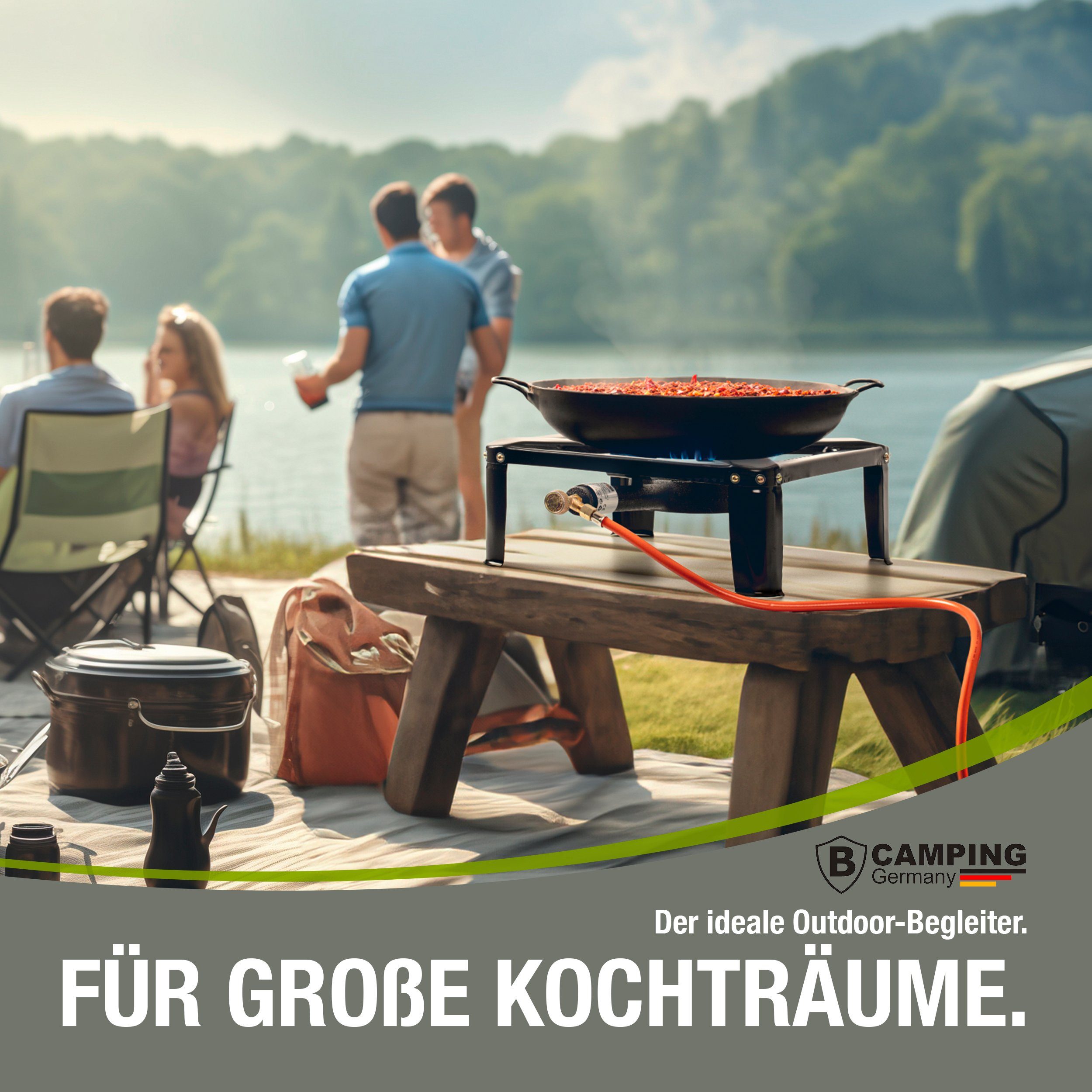bahama Gaskocher B CAMPING GERMANY® Gaskocher inkl. Gasschlauch mit Druckminder, 50 mbar - robuster Campingkocher leistungsstark 7,5 KW - Hockerkocher