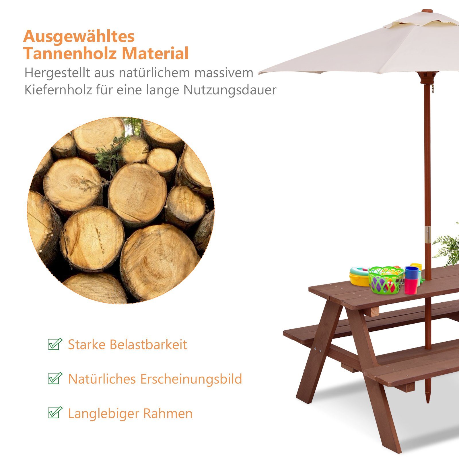 COSTWAY Garten-Kindersitzgruppe, mit abnehmbarem Sonnenschirm, 4 Sitze