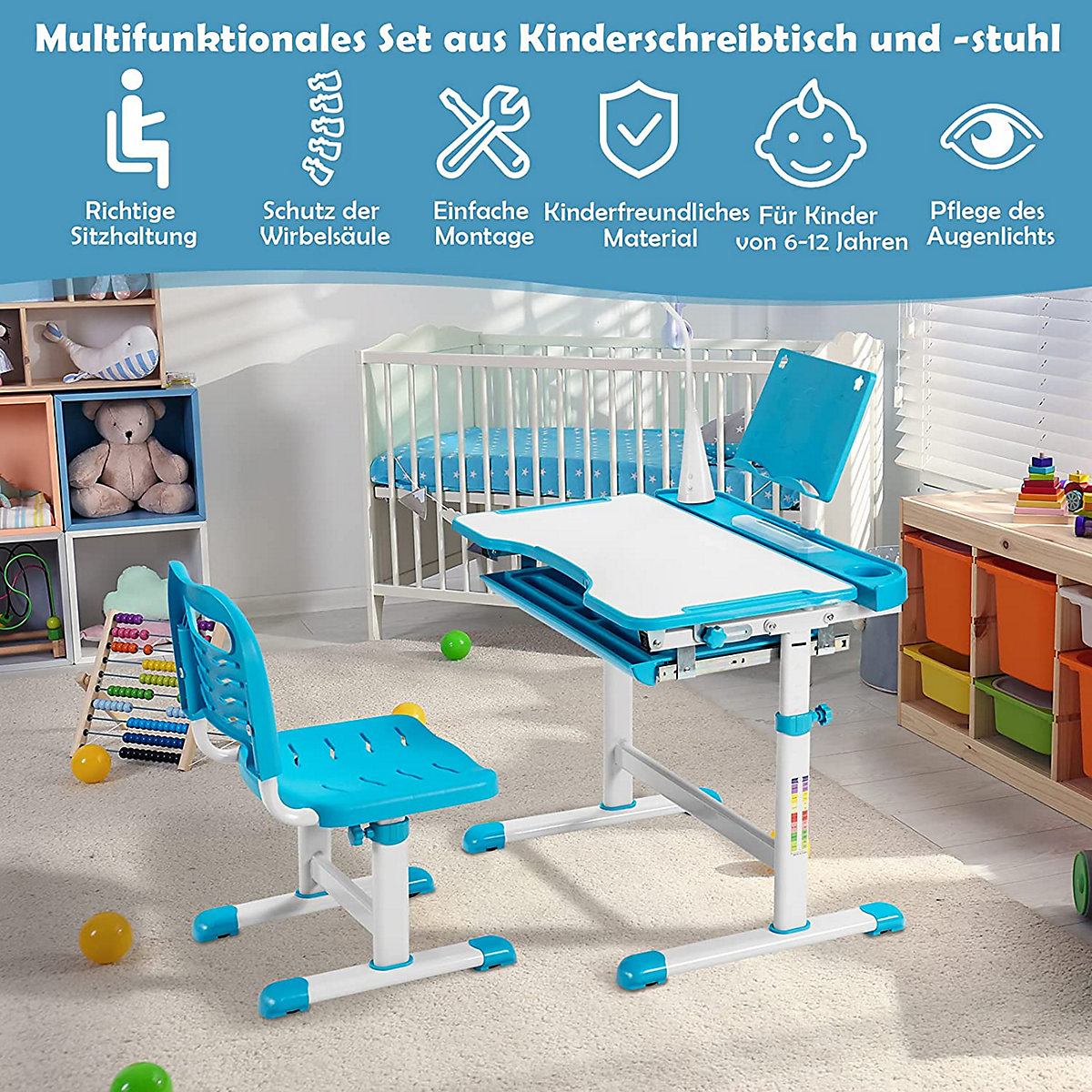 Kinderschreibtisch mit Licht & Bücherständer höhenverstellbar