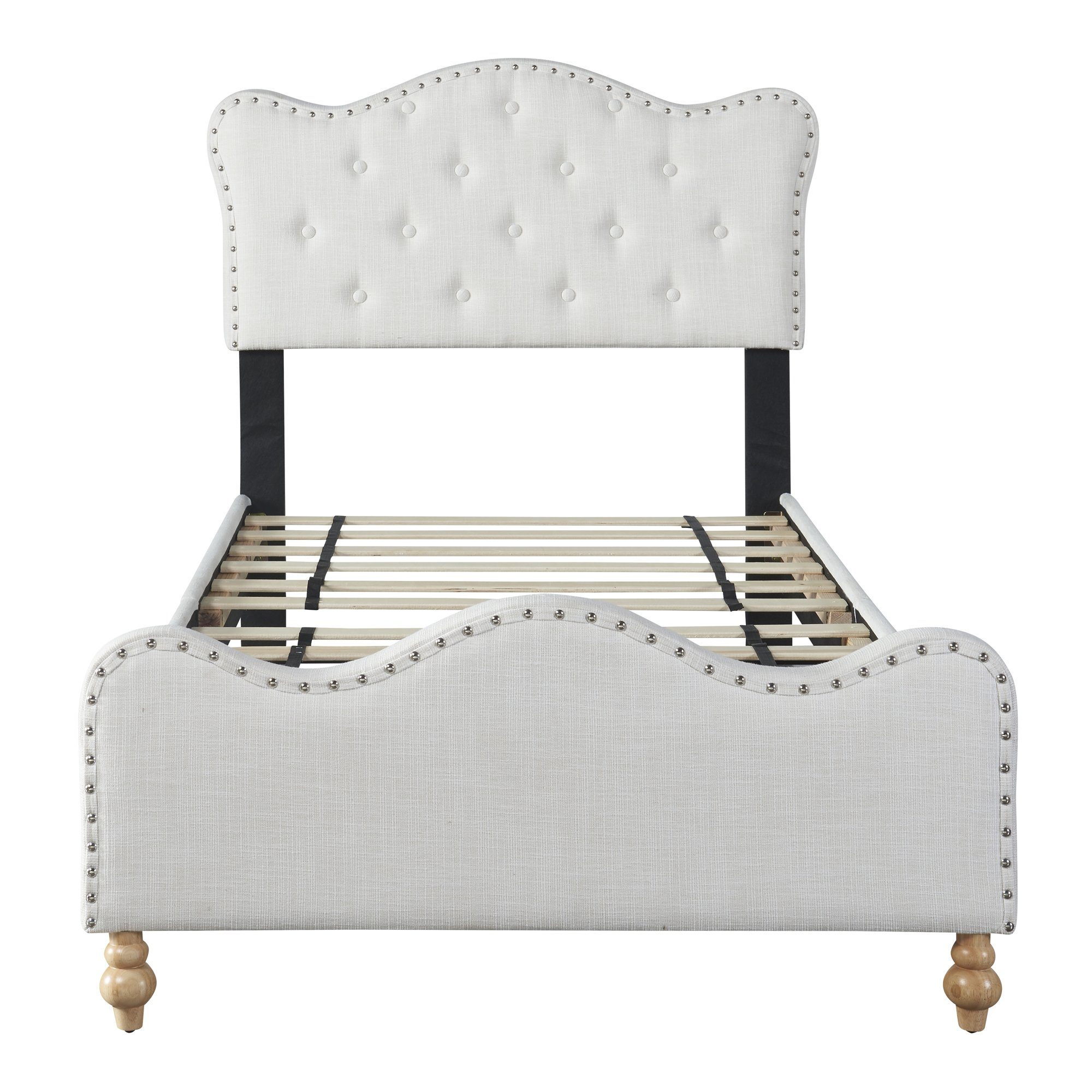 OKWISH Polsterbett Kinderbett Doppelbett Funktionsbett Gästebett (mit Fußteil und Lattenrost gepolstertes Einzelbett Jugendbett Gästebett 90x200 cm, Bettgestell in weißem hautfreundlichem Leinenstoff mit Kopfteil), ohne Matratze