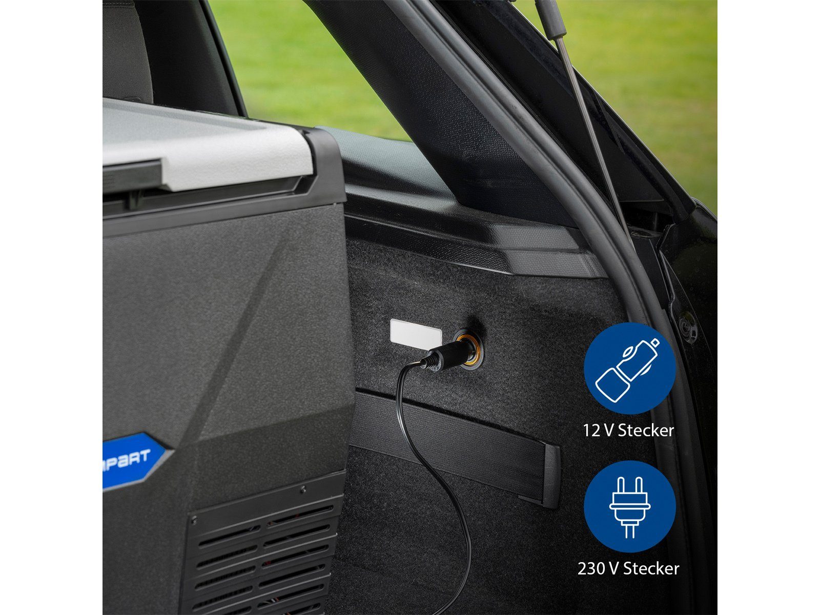 Campart Elektrische Kühlbox, 35 l, groß für Auto & Camping Kompressor Elektro 12V & 220-240V Klappständer