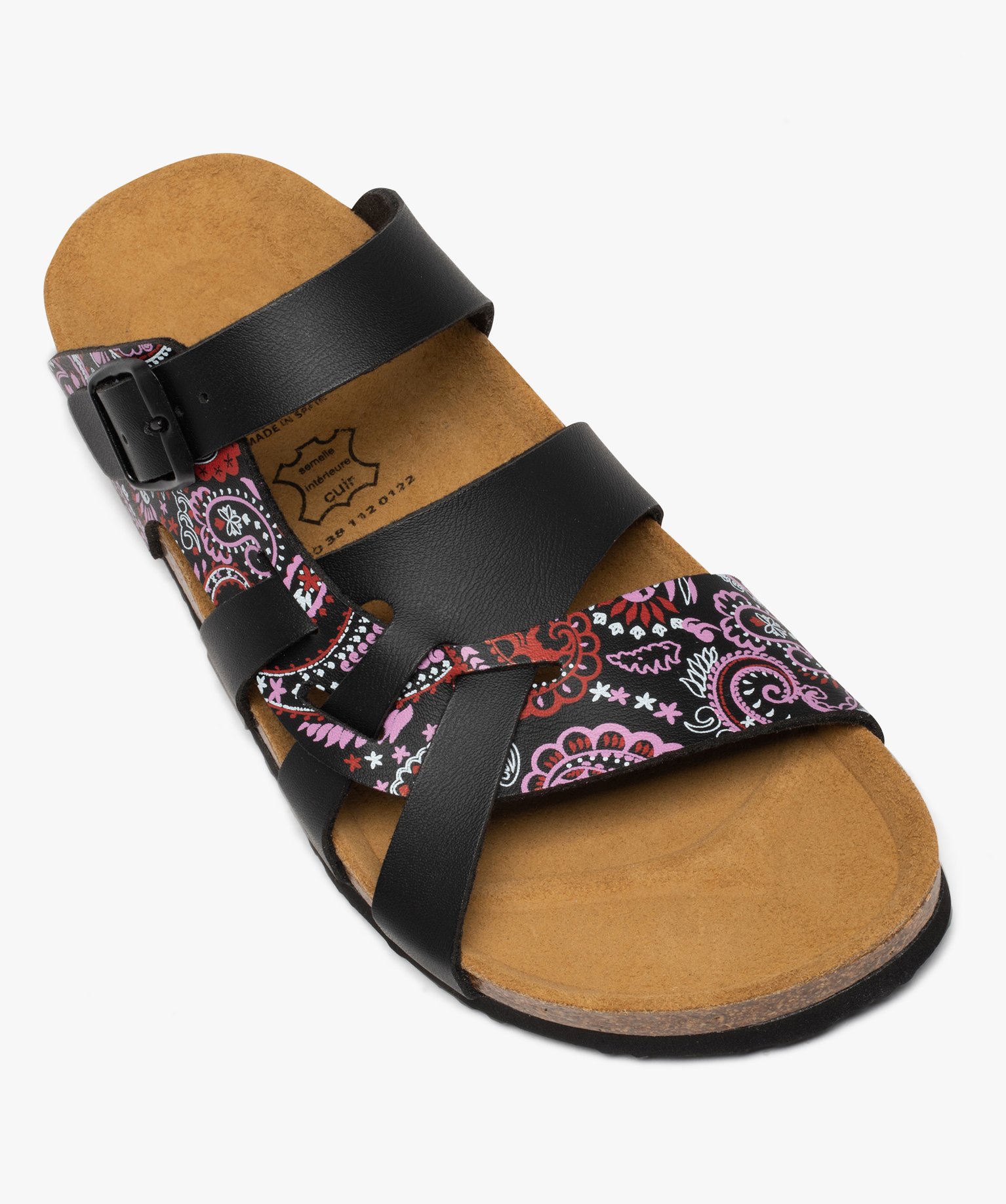 Mules femme plates à brides imprimées et semelle liège noir | GEMO