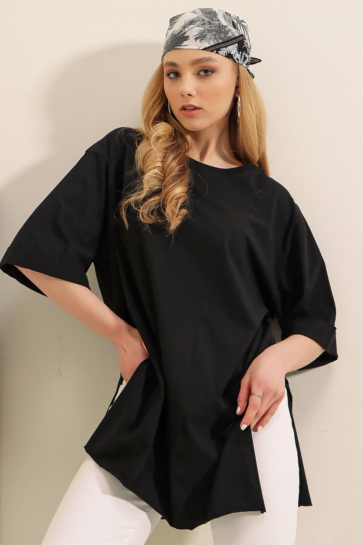 Bigdart  4123 Geschlitztes Oversize-T-Shirt – Schwarz