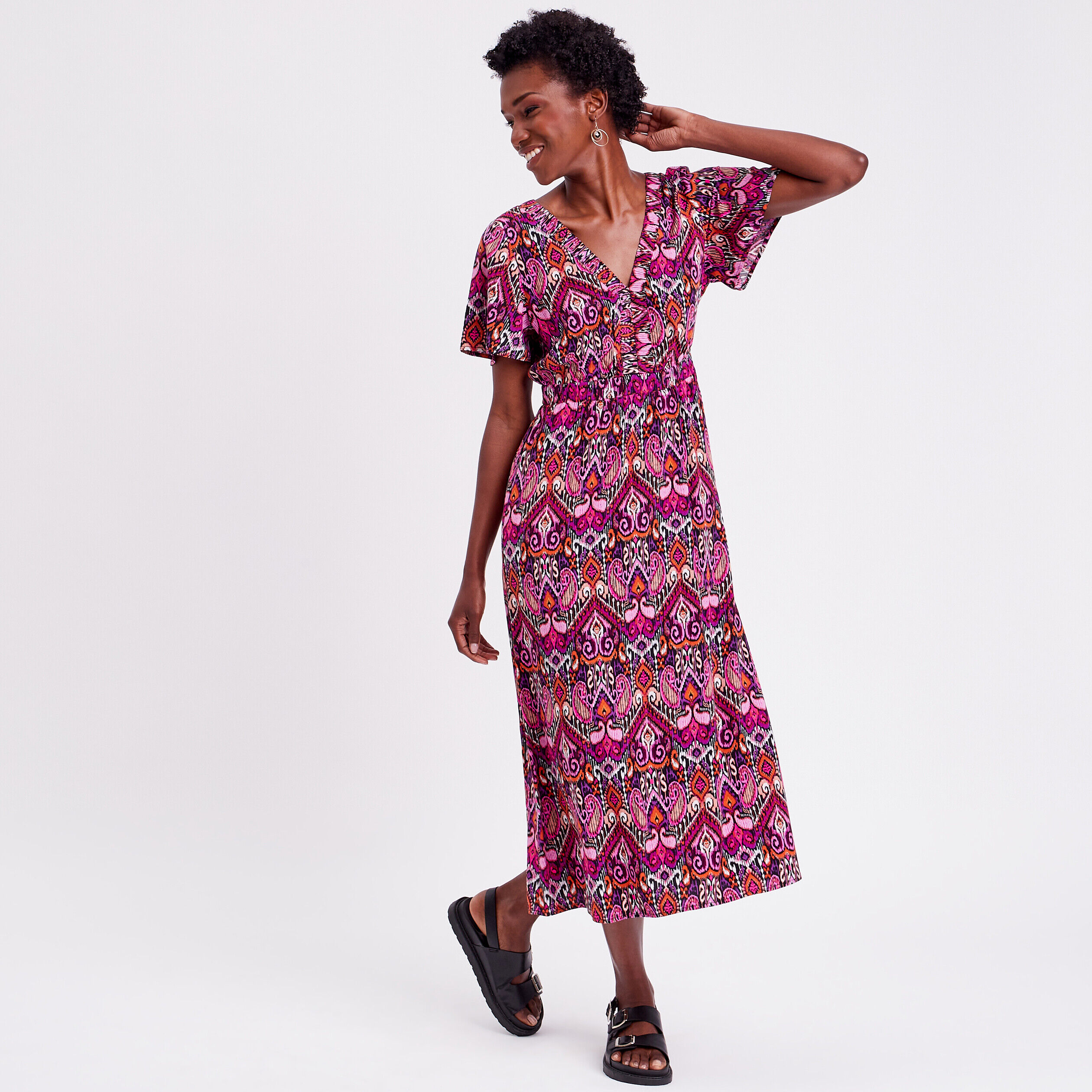 Robe longue évasée col en V orange femme | Cache Cache
