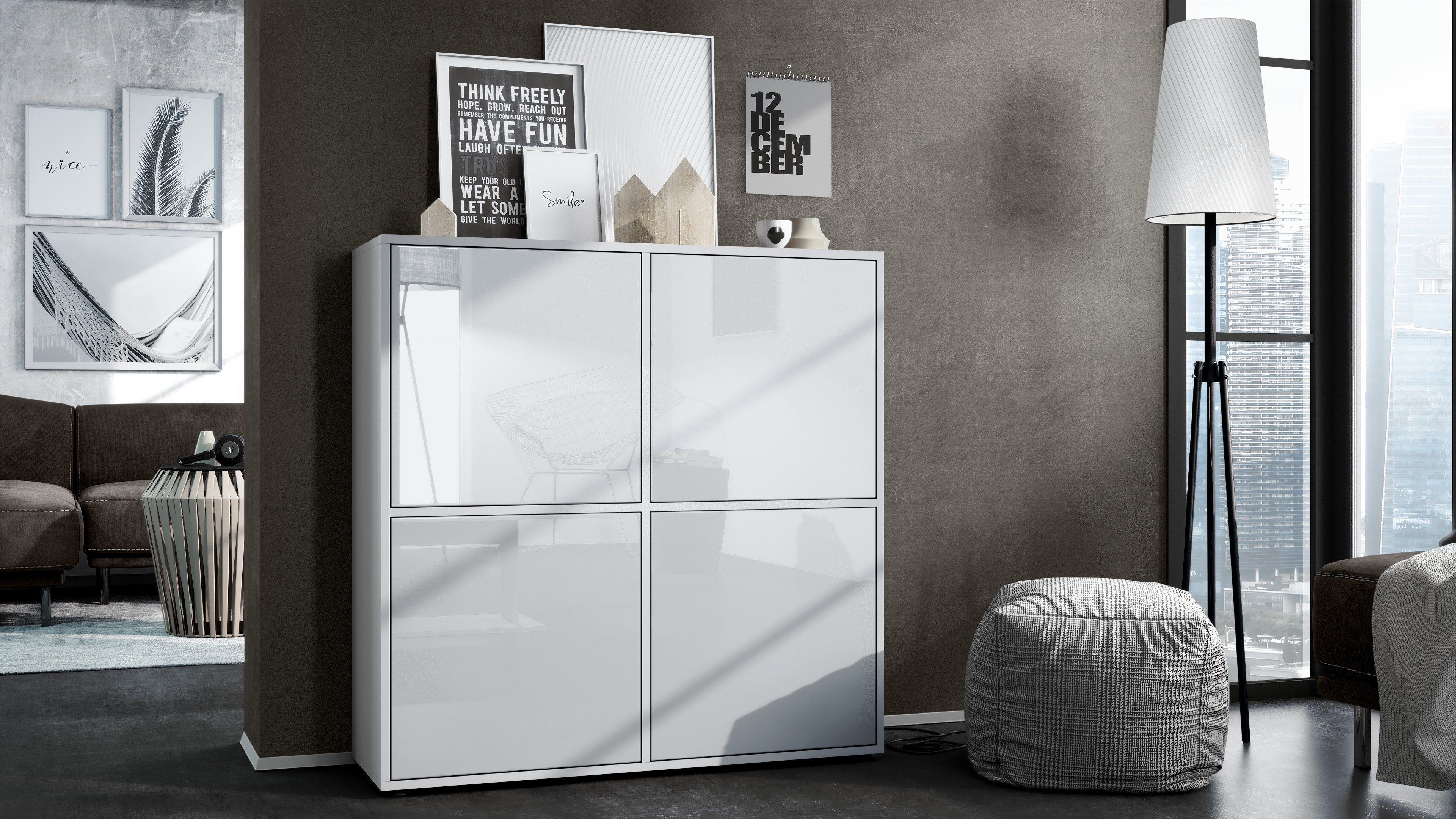 Vladon Highboard Cuba (Schrank, 104 x 105,5 x 35,5 cm Sideboard mit 8 Fächern), Korpus in Weiß matt / Fronten in Weiß Hochglanz