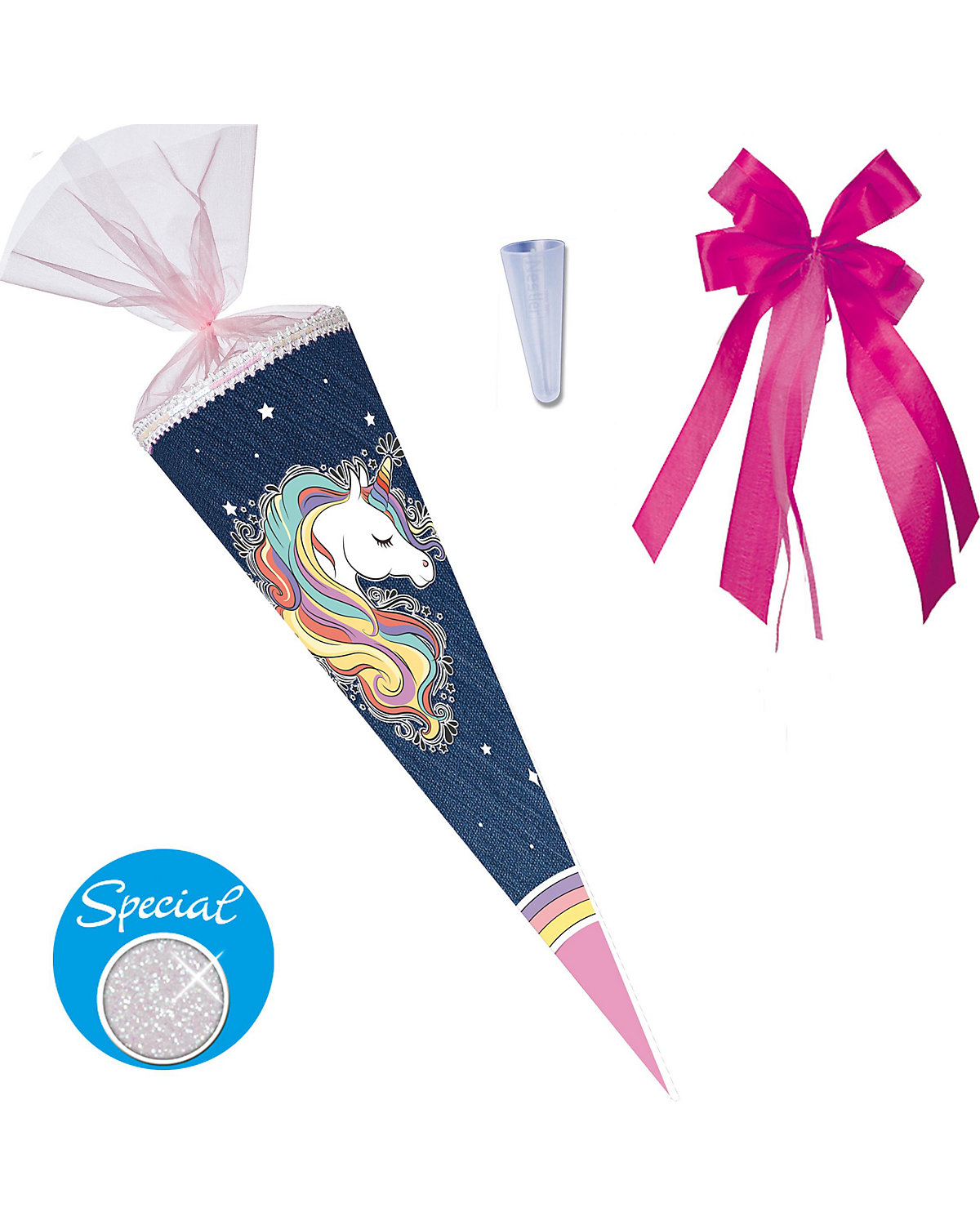 Schultüten-Set Regenbogenmähne, 3-tlg., 70 cm, mit Glitzer