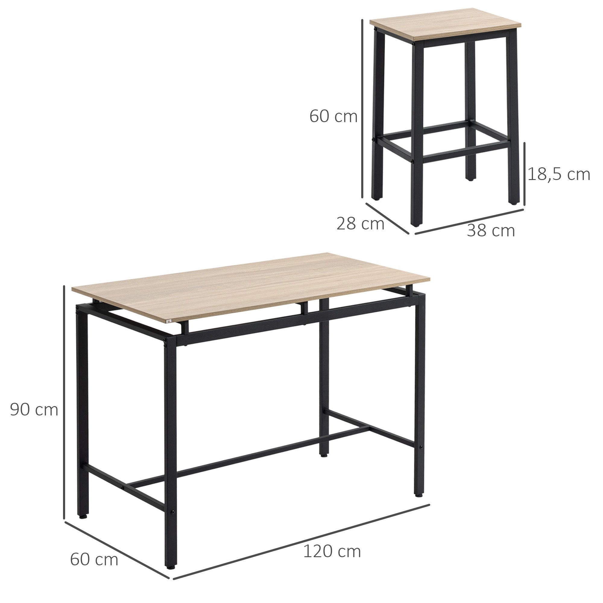 HOMCOM Bartisch Bartisch, Barhocker, 5-tlg. Set, Industrial Design, 120 x 60 x 90cm