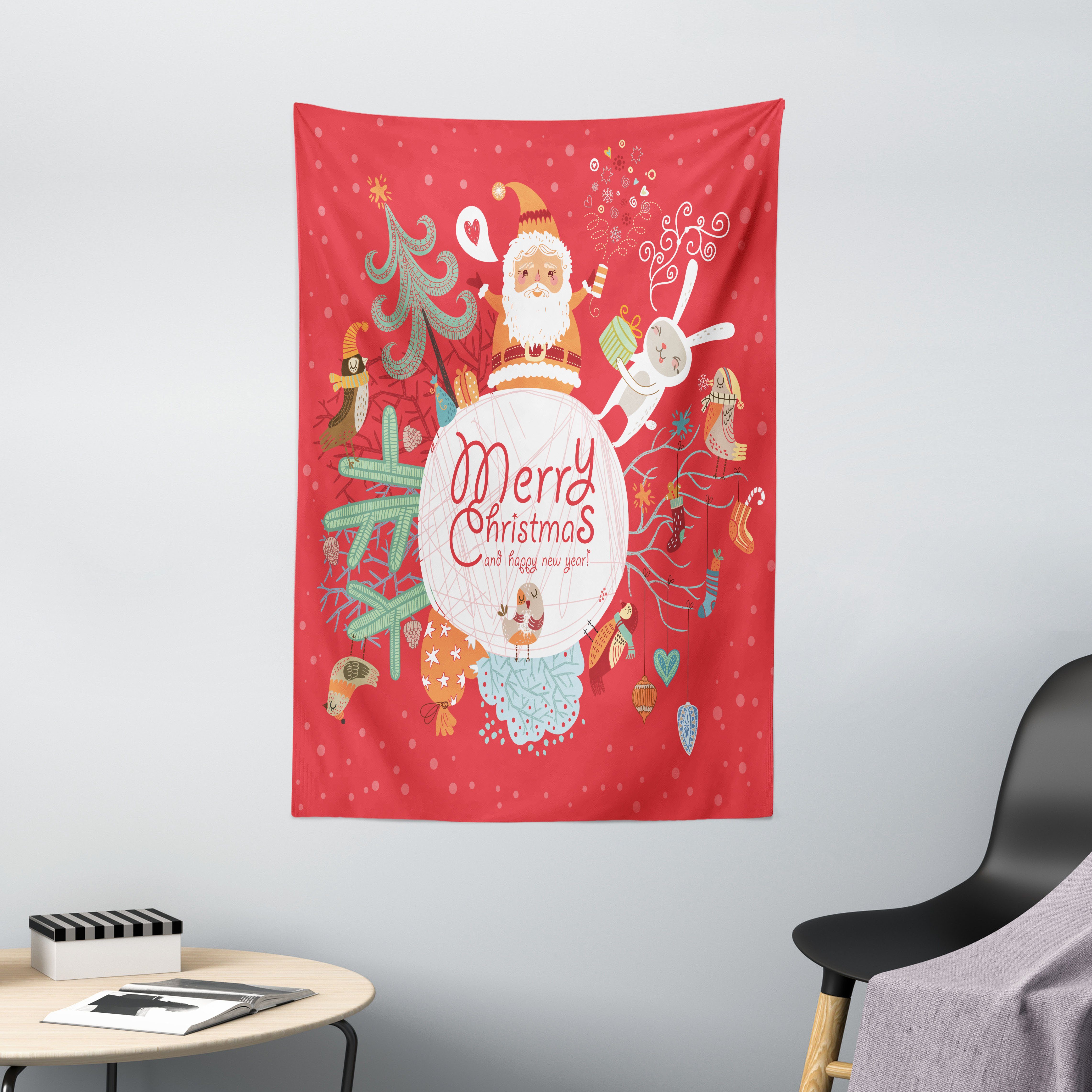 Wandteppich Wohnzimmer Schlafzimmer Wandtuch Seidiges Satin Wandteppich, Abakuhaus, rechteckig, Weihnachten Merry Xmas Zusammensetzung