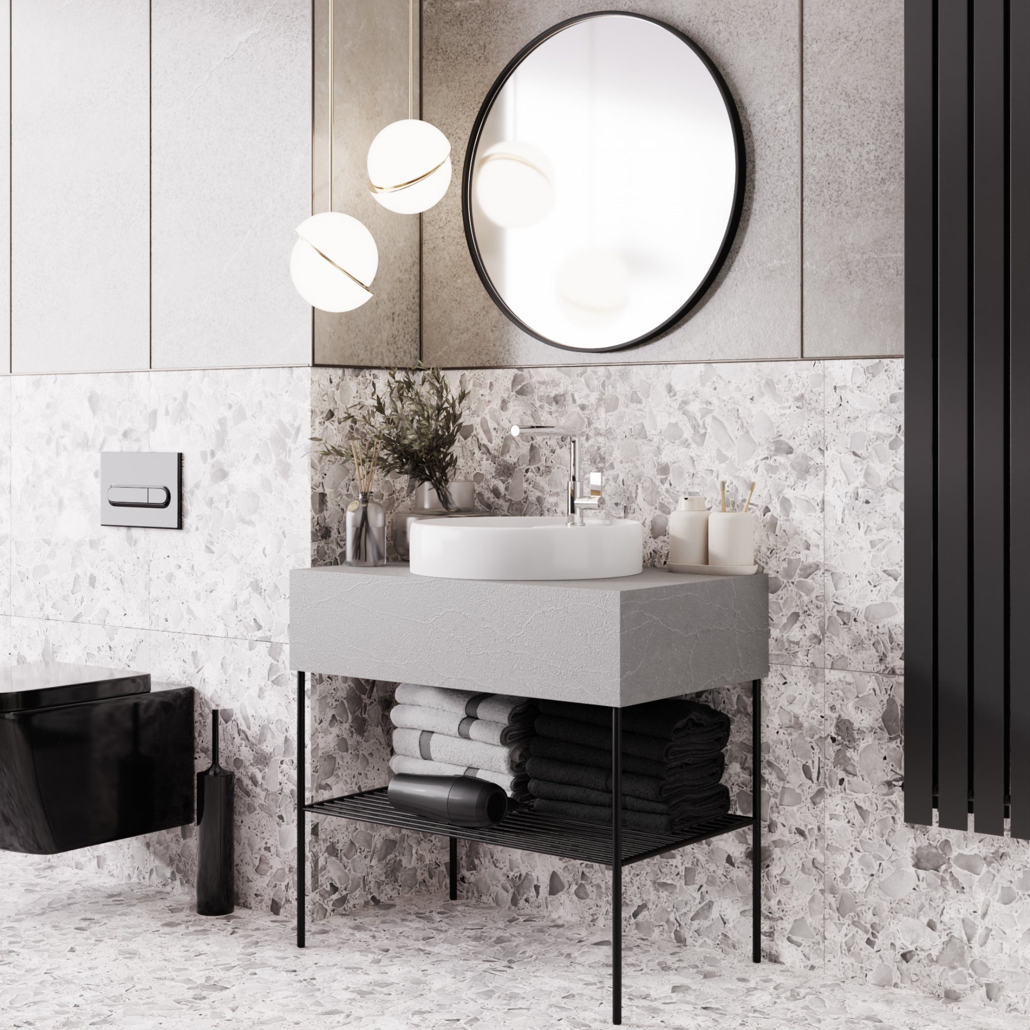Karen Badezimmer-Set Rock, (Komplett-Set, Standartmäßig 3-Teilig (Waschtisch, Spiegelschrank, Waschbecken), Der Lieferumfang umfasst Waschtisch, Spiegel und Waschbecken), Sportliches Design, Farbe Wolkengrau, einfacher Zusammenbau