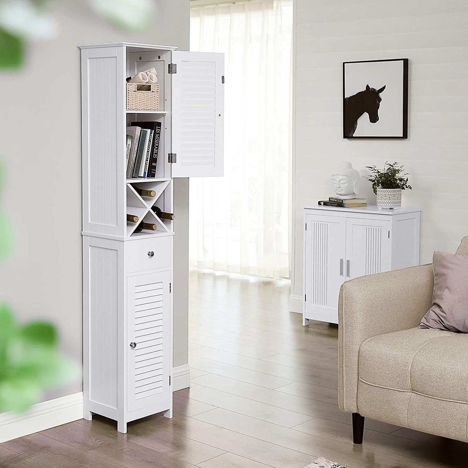 VASAGLE Badkommode Badezimmerschrank, mit Schublade, mit 2 Lamellentüren