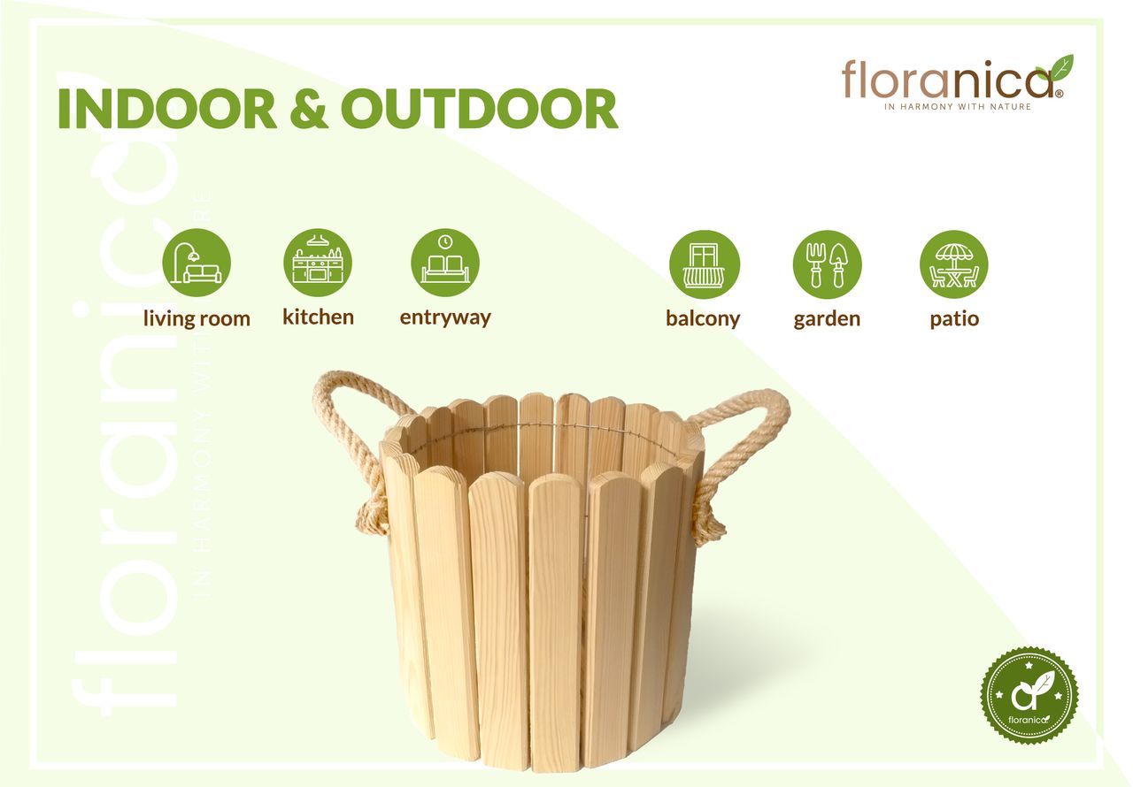 Pemicont Floranica Runder Blumentopf aus Holz 33x30cm Natural Imprägniertes Kiefernholz Schutzhülle für Kräuter Blumen Haus- und Gartendekoration Truhe Für den Innen- und Außenbereich