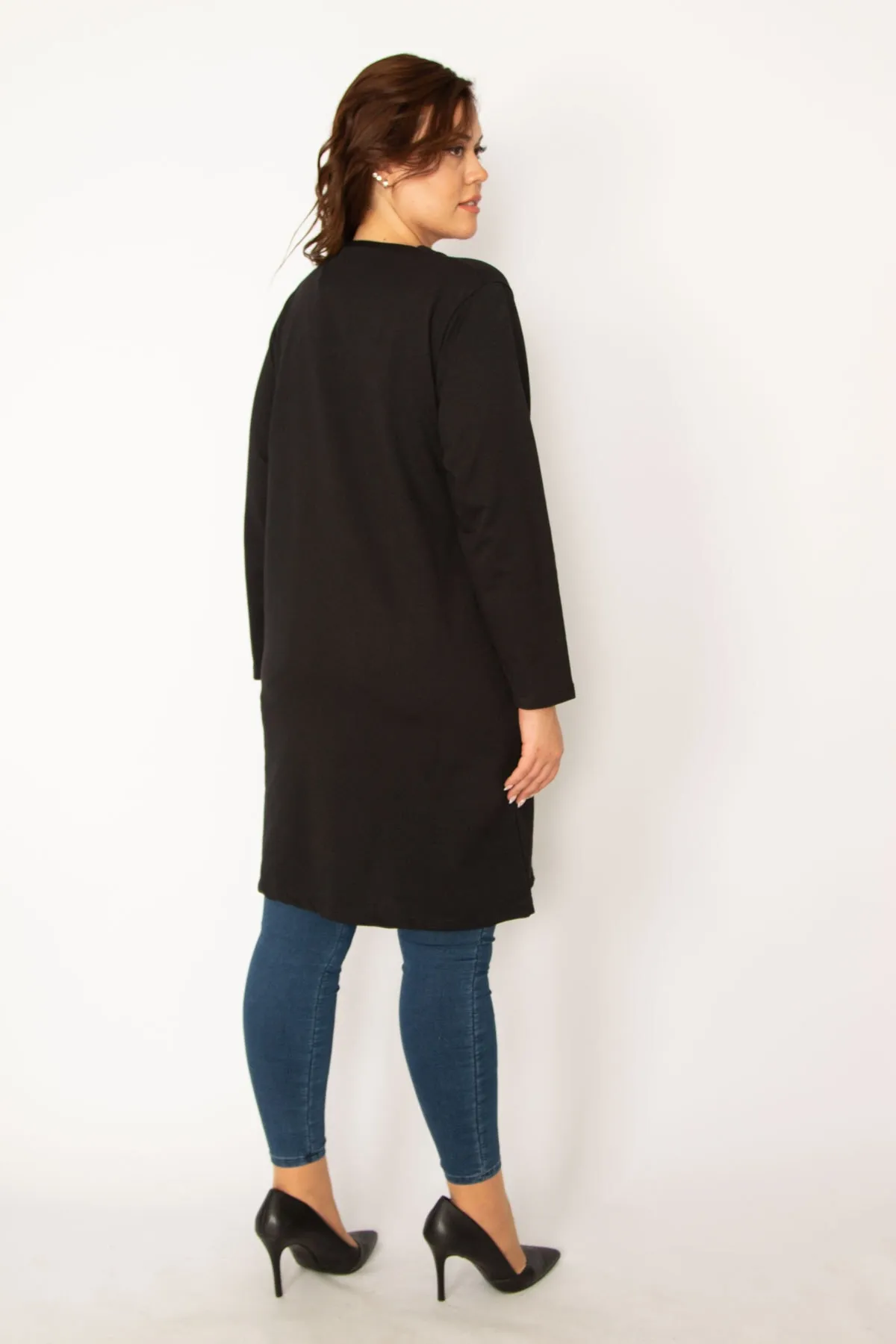 Şans  Damen-Jacke, groß, schwarz, vorne geknöpft, ungefütterte Tasche, 65n34077
