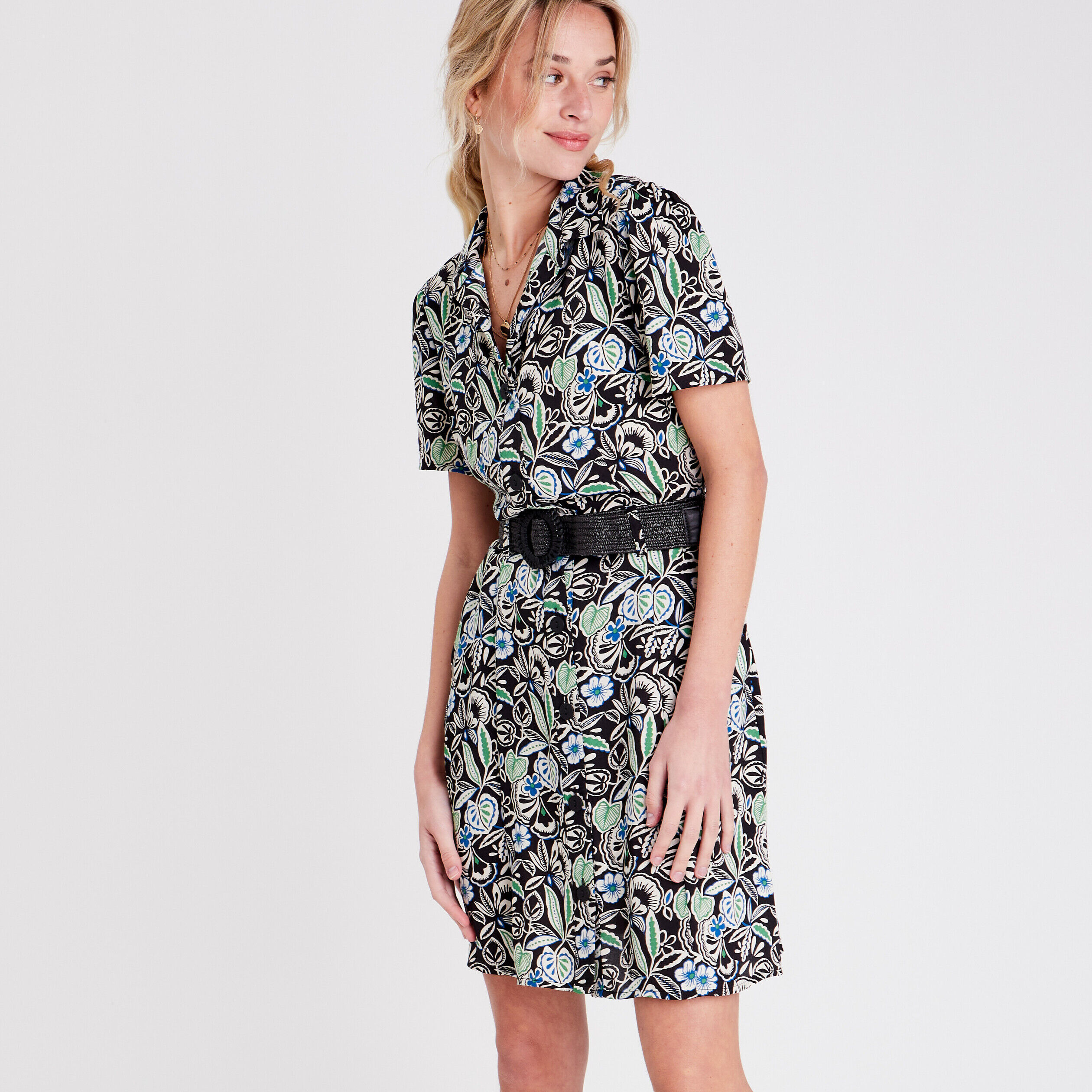 Robe évasée ceinturée noir femme | Cache Cache
