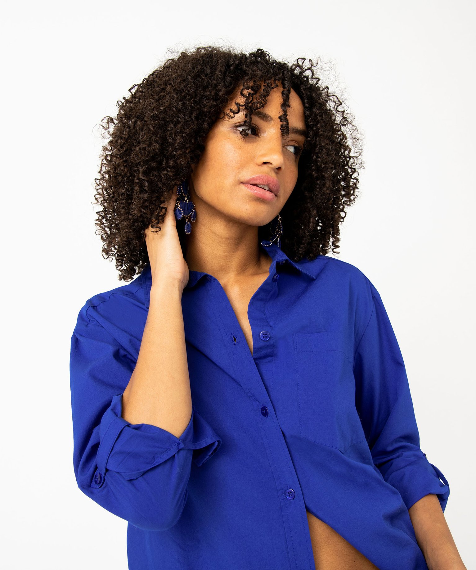 Chemise ample en coton uni femme bleu | GEMO