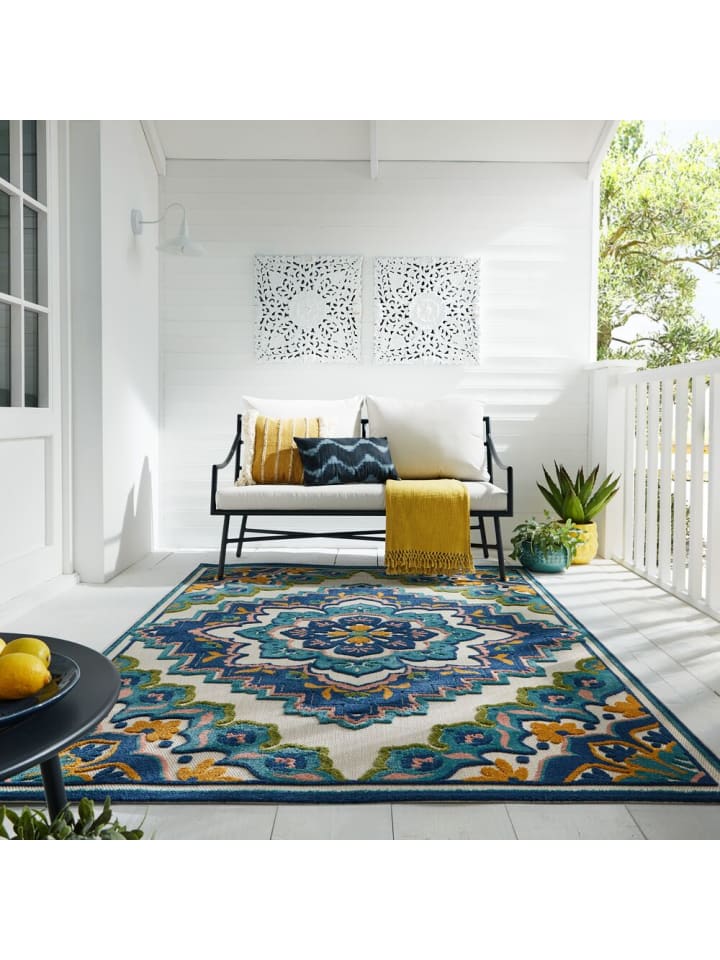 KADIMA DESIGN Superweicher Floral Outdoor-Teppich in Blau günstig kaufen