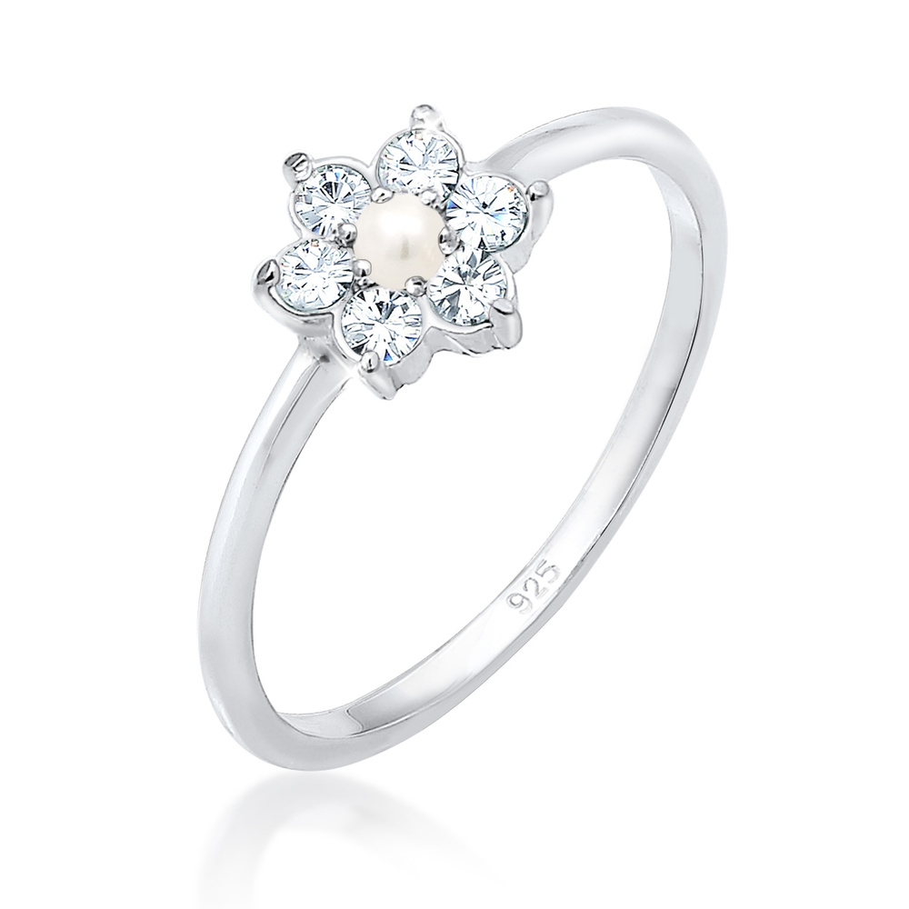 Elli PREMIUM Elli PREMIUM Bague Blume Floral Synthetische Perle 925 Silber Bague