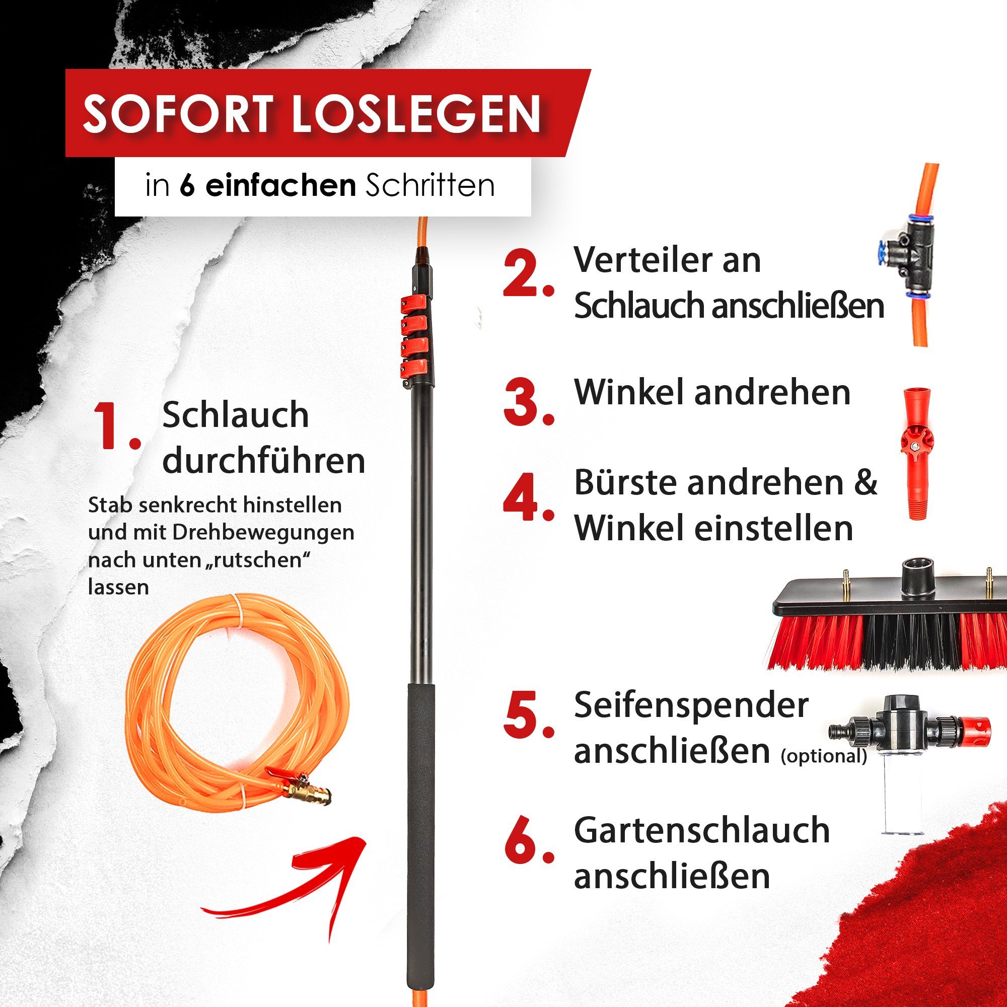 BoomDing Reinigungsbürste Teleskopstange mit Wasseranschluss 4,6 oder 7 Meter mit Bürste, Reinigung von, PV Anlage, Wintergarten, Terrasse, Solaranlage, Photovoltaik, (Solaranlage reinigen), Innenliegender Schlauch