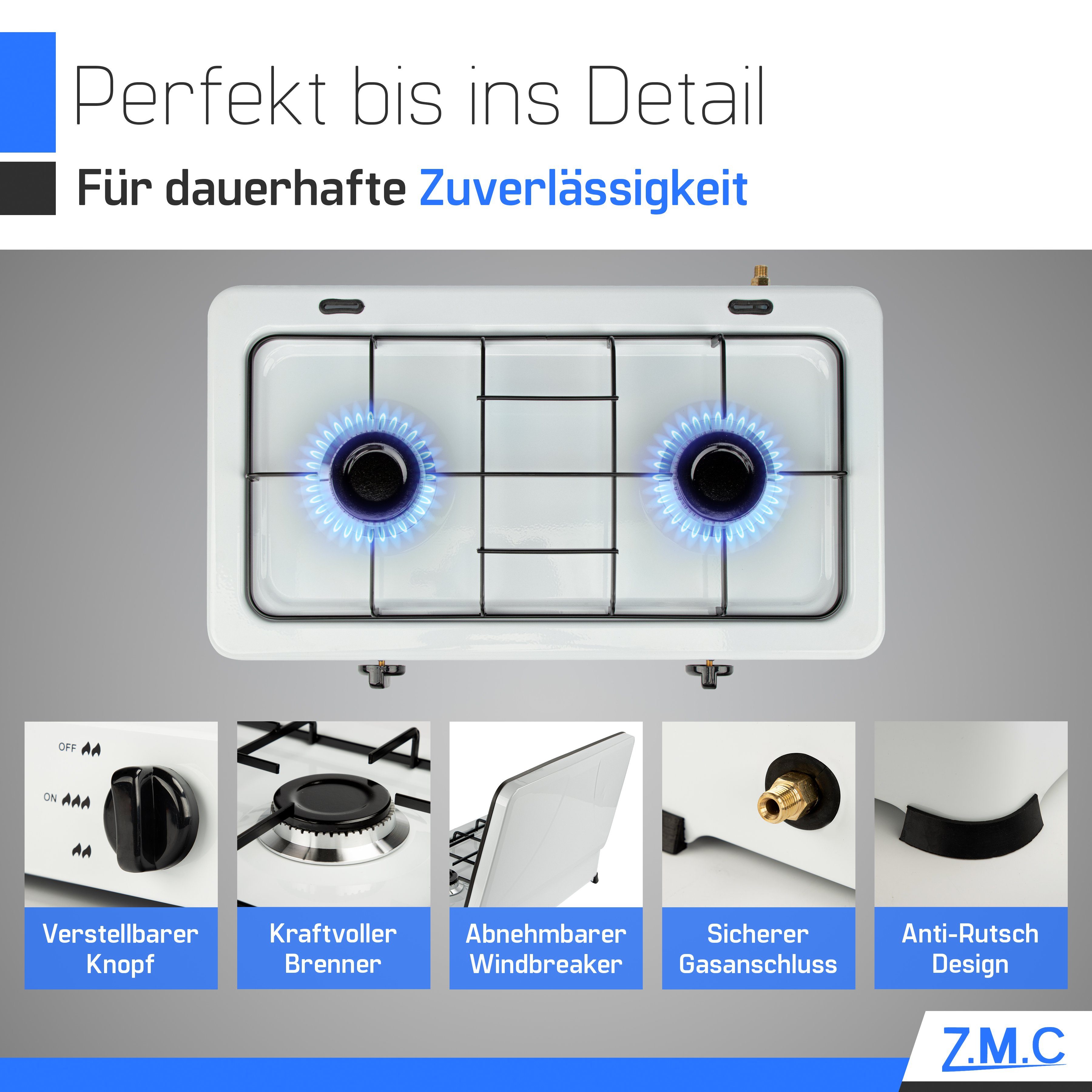 ZMC Gaskocher Tragbarer Gaskocher Campingkocher 2-flammig inkl. Schlauch und Regler, 2,2 kW 50 mBar Outdoor Gasherd Kochfeld Herd Propangas Tischkocher