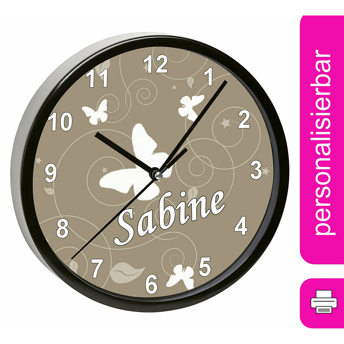 Kinder Wanduhr personalisiert mit Name Schmetterling Cappucchino