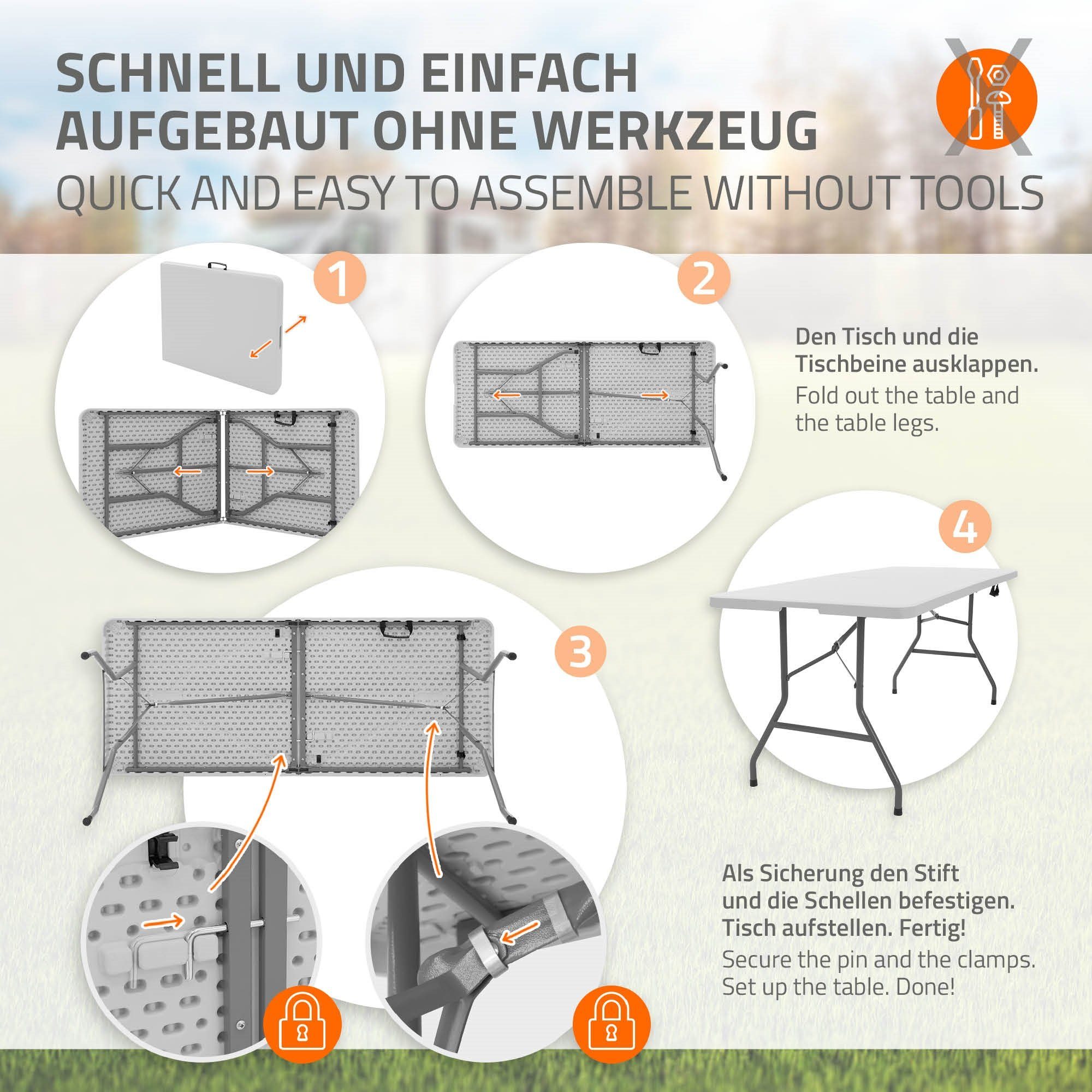 ML-DESIGN Klapptisch Campingtisch Buffettisch Partytisch Koffertisch Flohmarkttisch, Weiß 180x74cm Kunststoff mit Tragegriff für Garten Terrasse Balkon