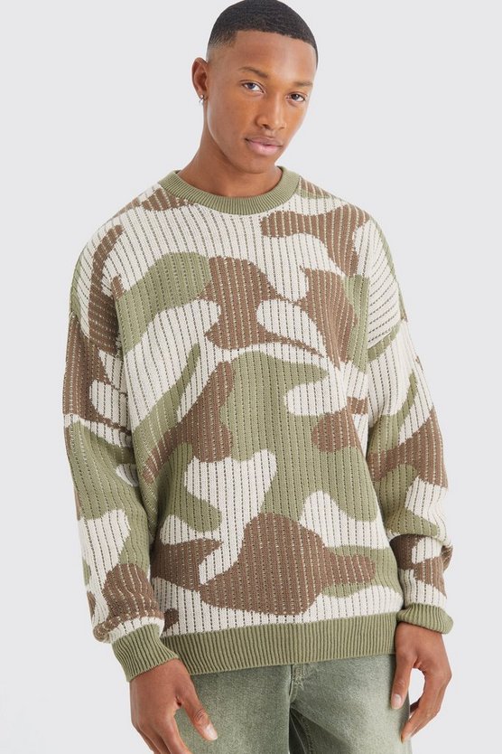 Gerippter Oversize Camouflage-Strickpullover