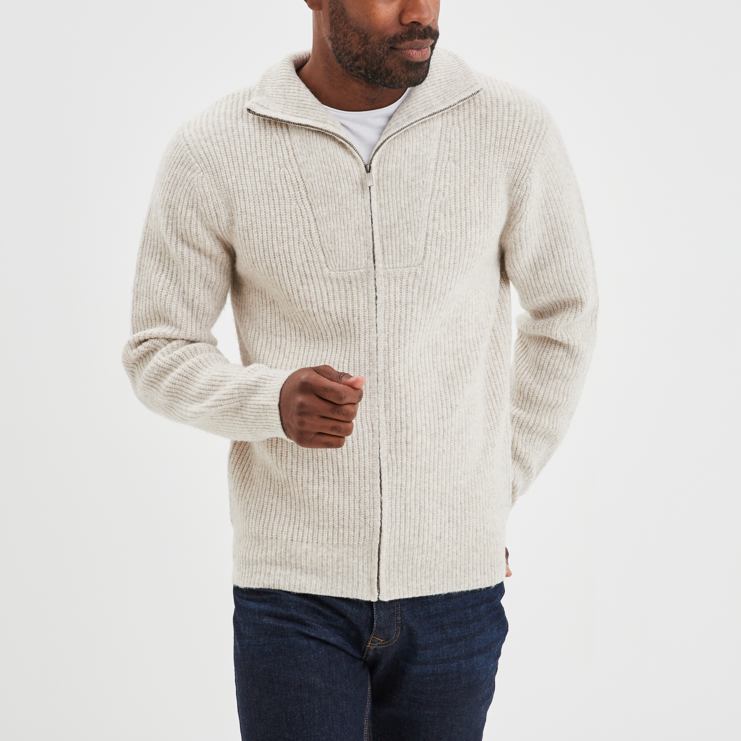 Pull col montant zippé côtelé beige homme | La Halle