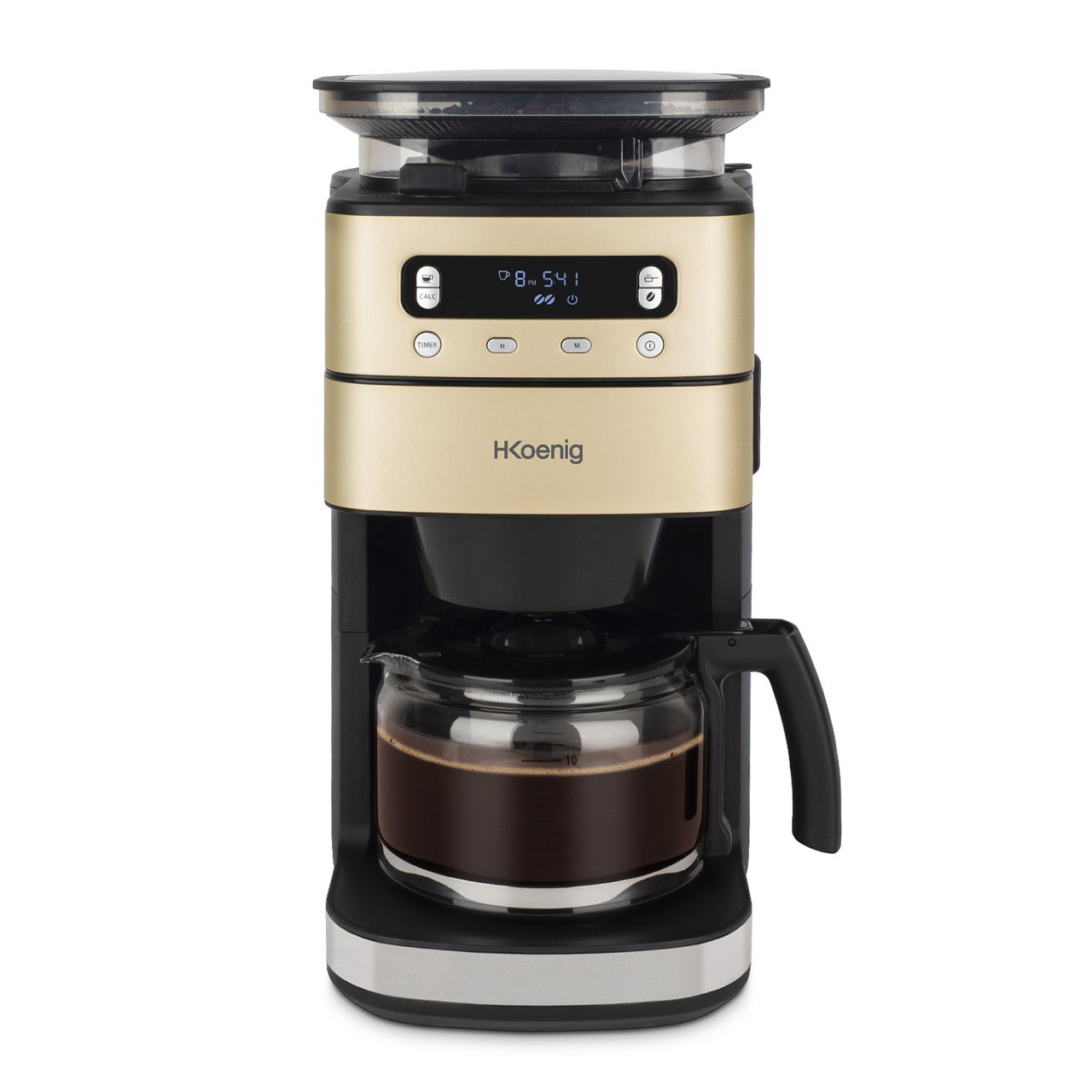 H.Koenig Filterkaffeemaschine mit Mahlwerk MGX90, abnehmbarer Wassertank 1.4L, Bohnenbehälter 180g Champagner, Schwarz