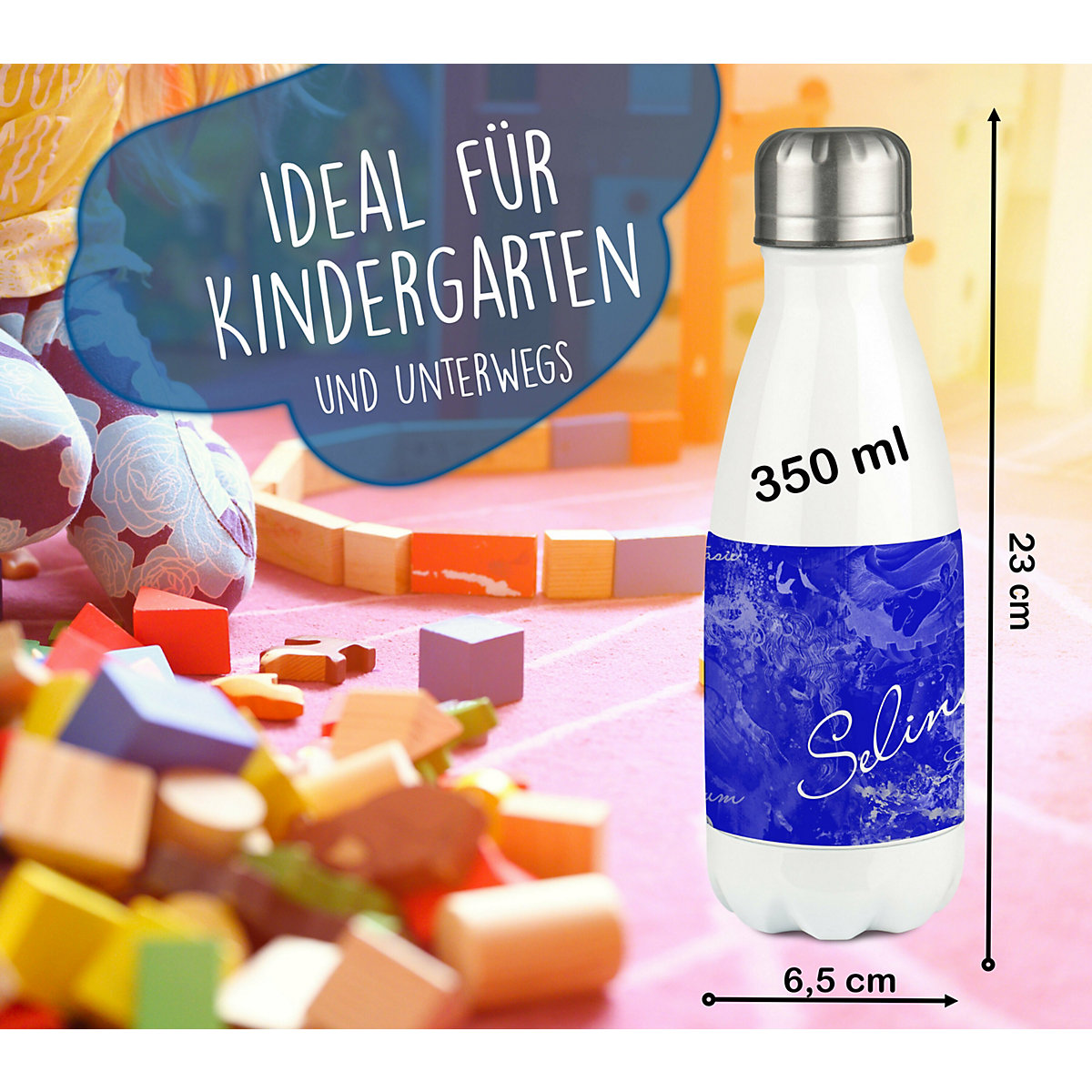 Edelstahl Kinder Thermoflasche / Trinkflasche bunt Traum Farbe blau Spülmaschinenfest, Auslaufsicher, Bruchfest, Doppelwandig, Für Heißgetränke geeignet, Mit Deckel, Isoliert