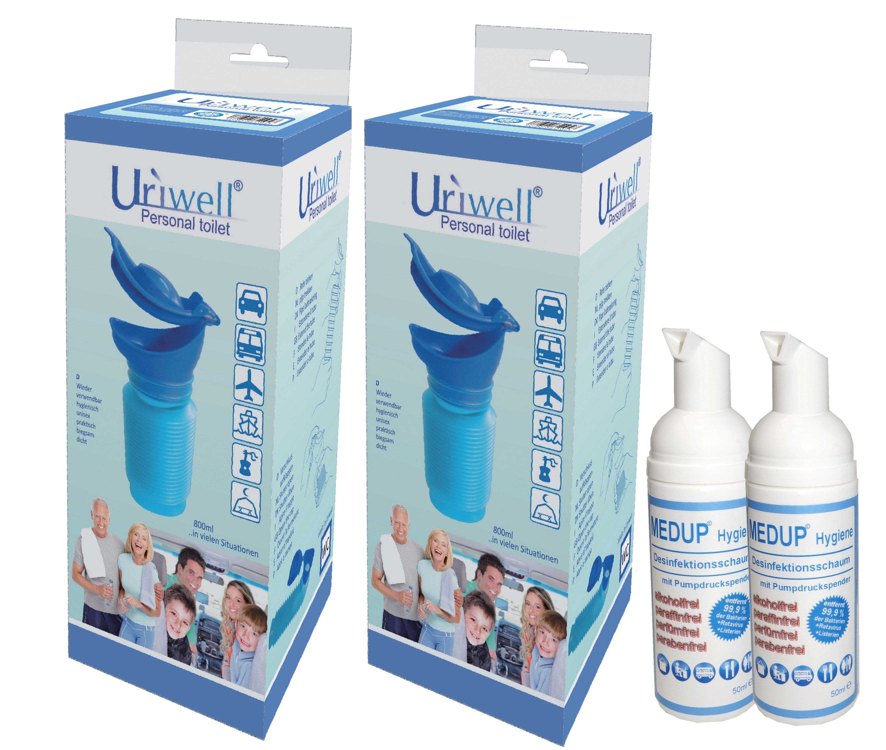 MEDUP Campingtoilette 2x Unisex Mobiltoilette mit Desinfektionsschaum, (Doppelpack 2+2, 1-St., 2x Uriwell Urinal und 2x 50ml Medup Desinfektionsschaum), baua Reg. Nr. N84746
