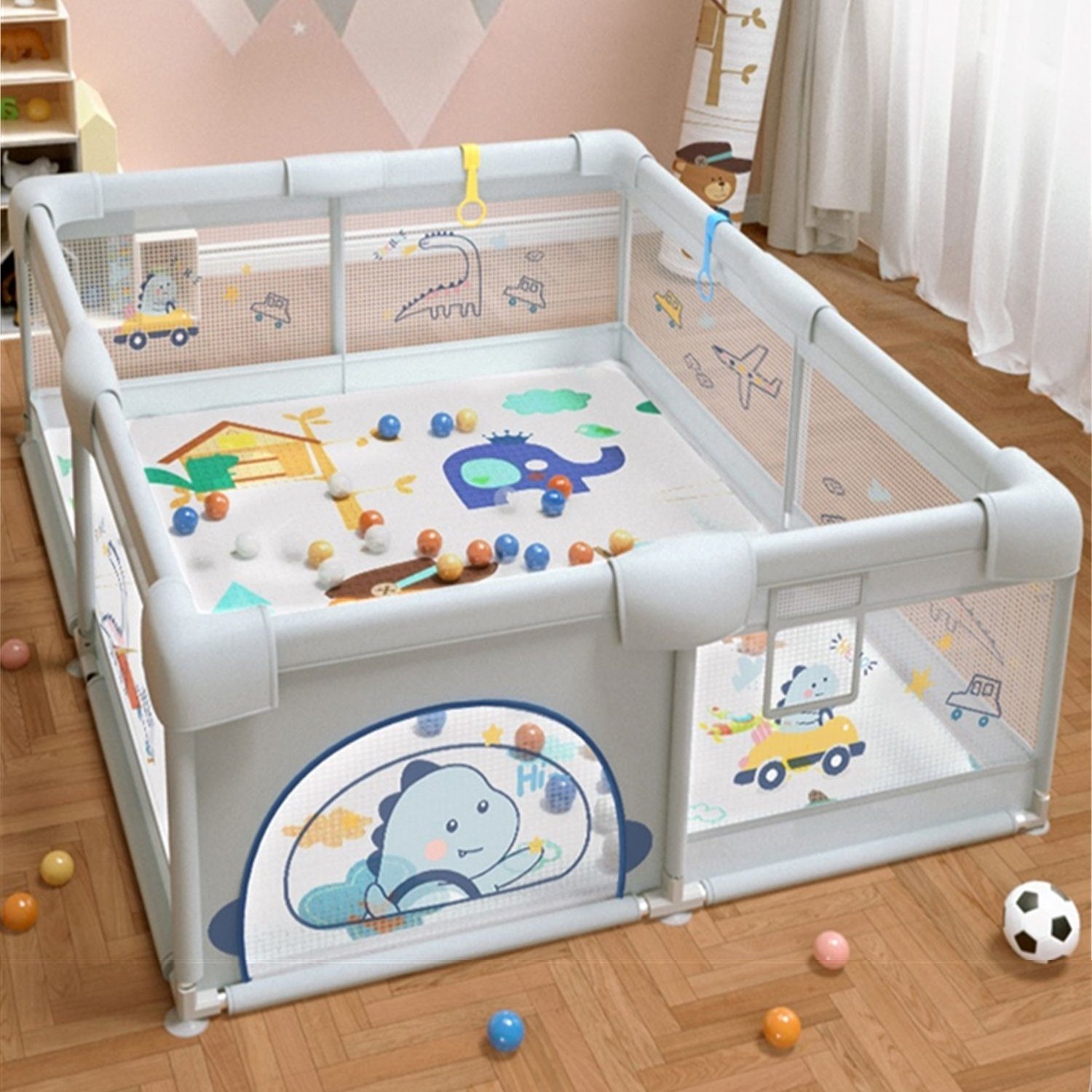 FOXSPORT Laufstall Laufgitter Baby Laufstall Schutzgitter mit atmungsaktivem Netz (180 x 200 x 65 m Große Sicherheitsspielplatz mit Reißverschluss), Krabbelgitter für Kinder, mit 60 Spielbällen, mit Rutschfester Basis