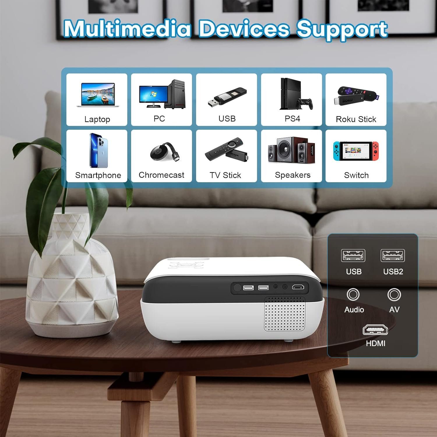 TOPVISION Native 1080P Bluetooth 5.1 Heimkino Multimedia Portabler Projektor (9500 lm, 10000: 1, 1920 * 1080, px, Mit 100'' Bildschirm, Kompatibel mit HDMI USB AV,Smartphones,Laptops)