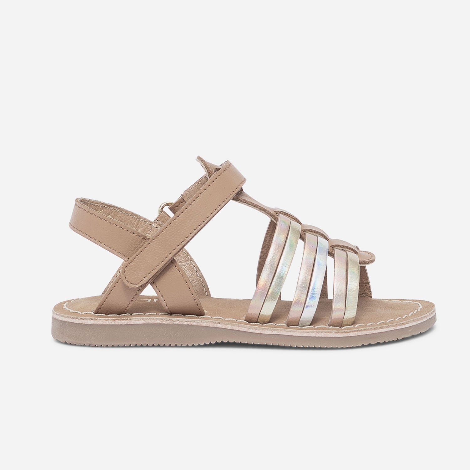 Sandale camel en cuir à brides cuivrée, argent et or