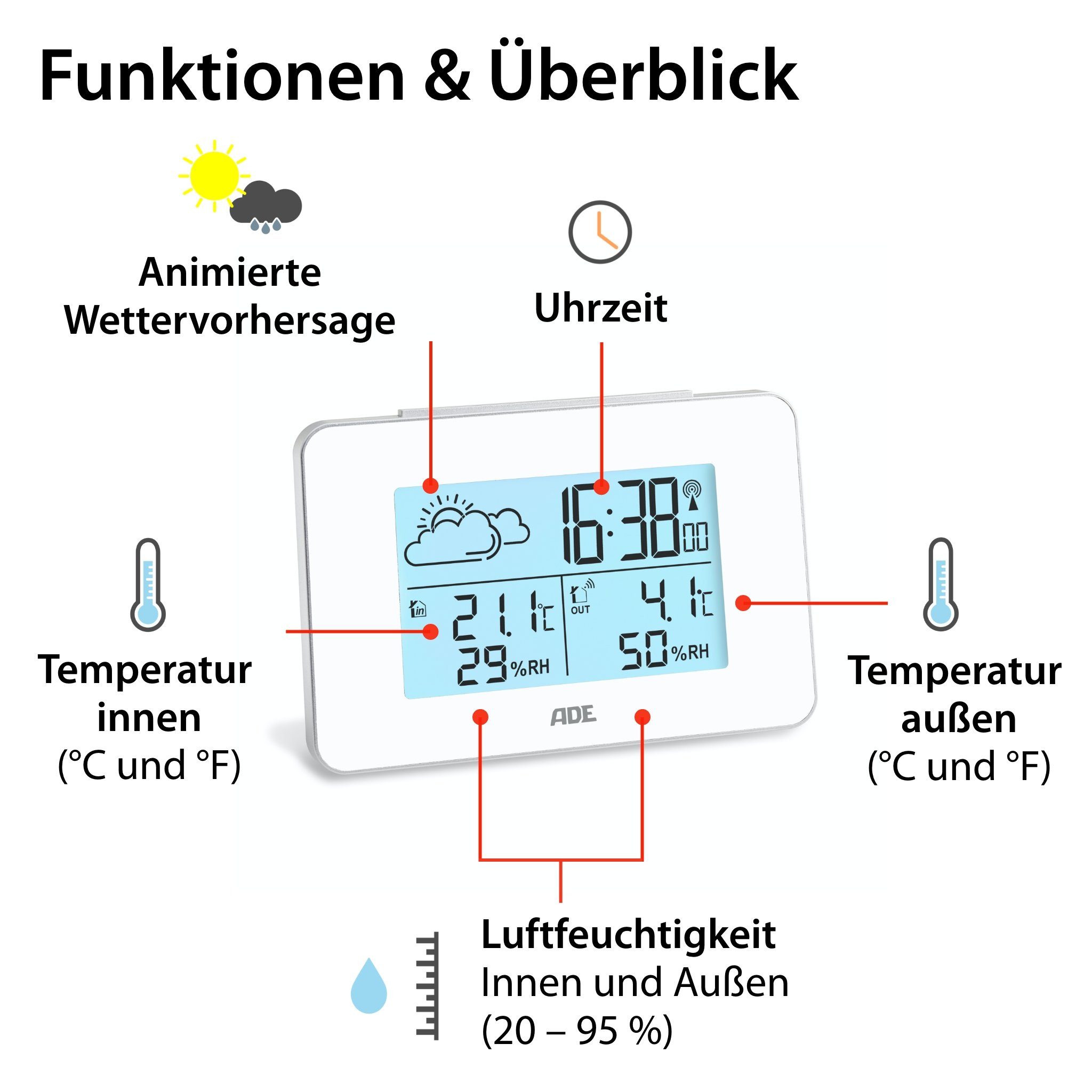 ADE WS2136 Funkwetterstation (animierte Wettervorhersage, mit Funkwecker)