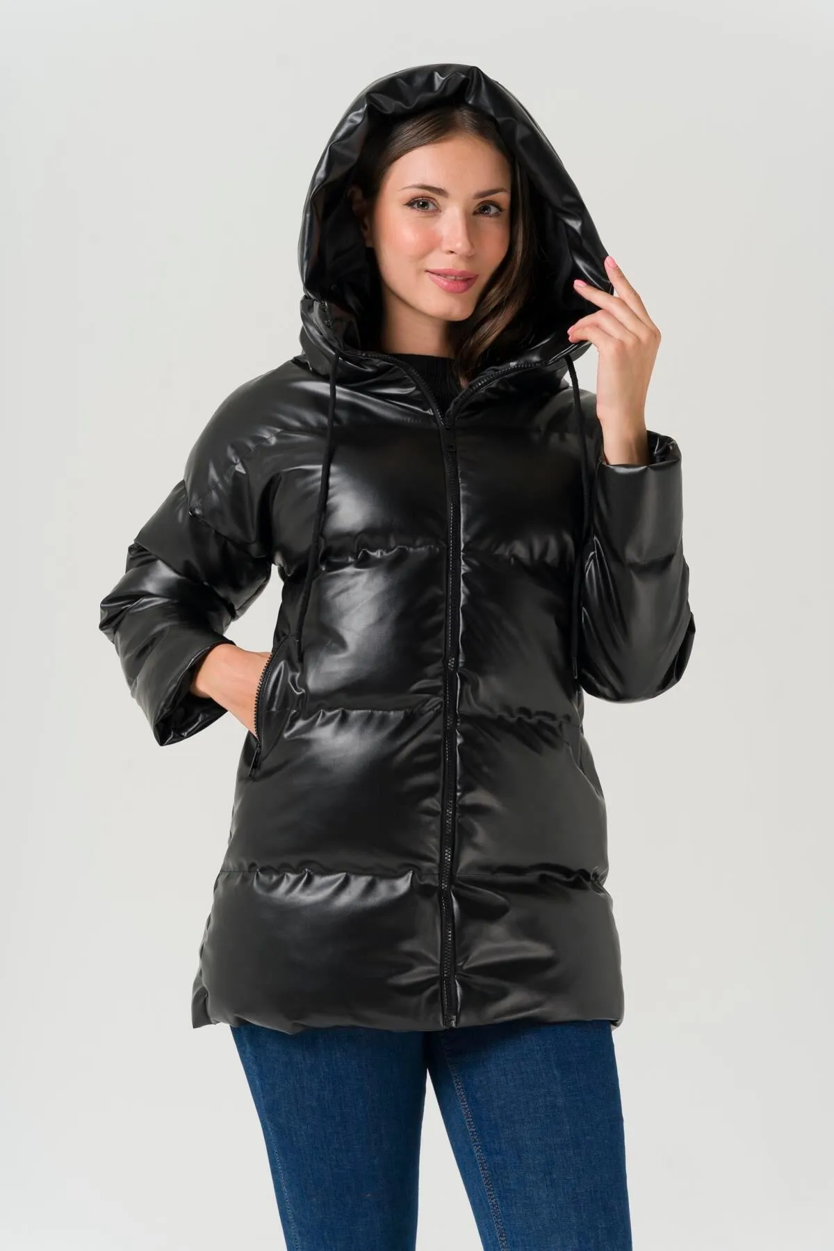 Olcay  Pufferjacke in Lederoptik mit Kapuze, Schwarz 6421