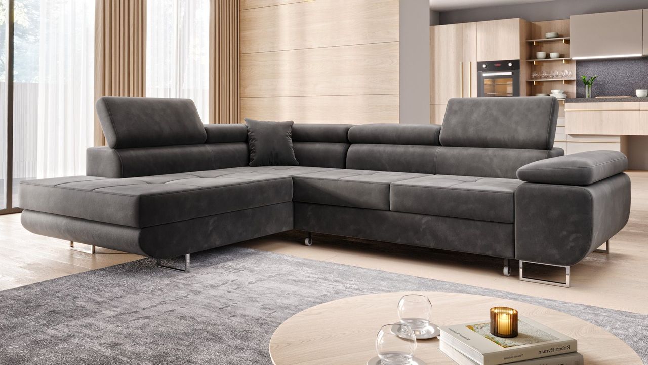 Möbel Punkt Ecksofa Monaco Samt Grau mit Bett Bettkasten Kopfteilverstellung Bett Sofa Schlafsofa Ottomane links