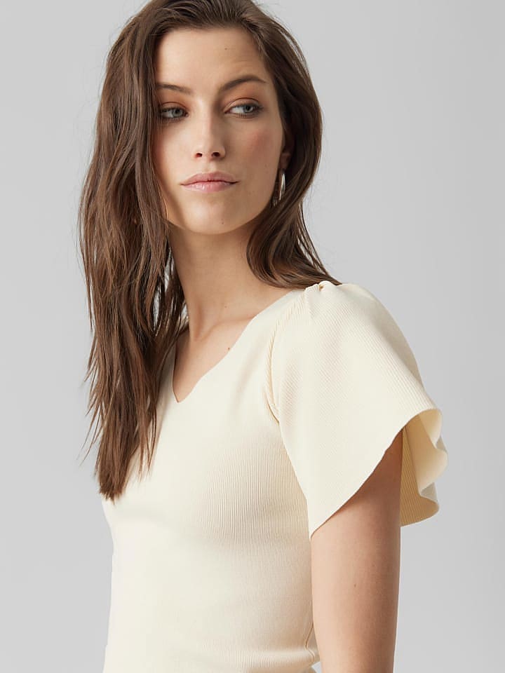 Vero Moda Geripptes Rüschen T-Shirt Kurzarm Strick Shirt VMGINNY in Beige günstig kaufen XS