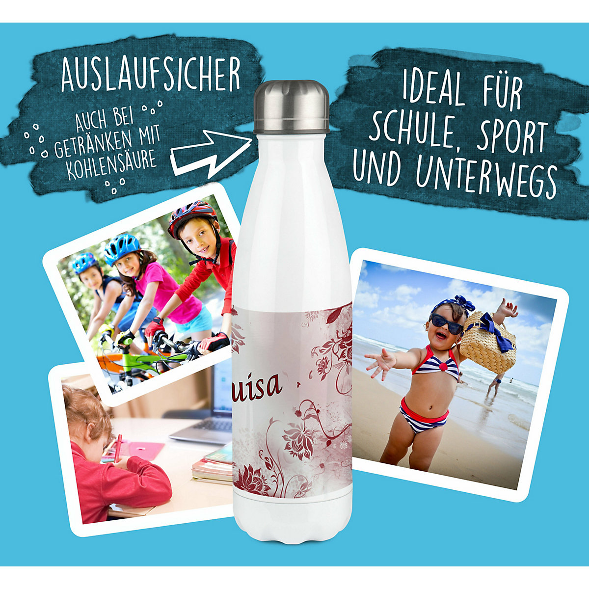 Edelstahl Kinder Thermoflasche / Trinkflasche bunt Blumenranke Farbe rot Spülmaschinenfest, Auslaufsicher, Bruchfest, Doppelwandig, Für Heißgetränke geeignet, Mit Deckel, Isoliert